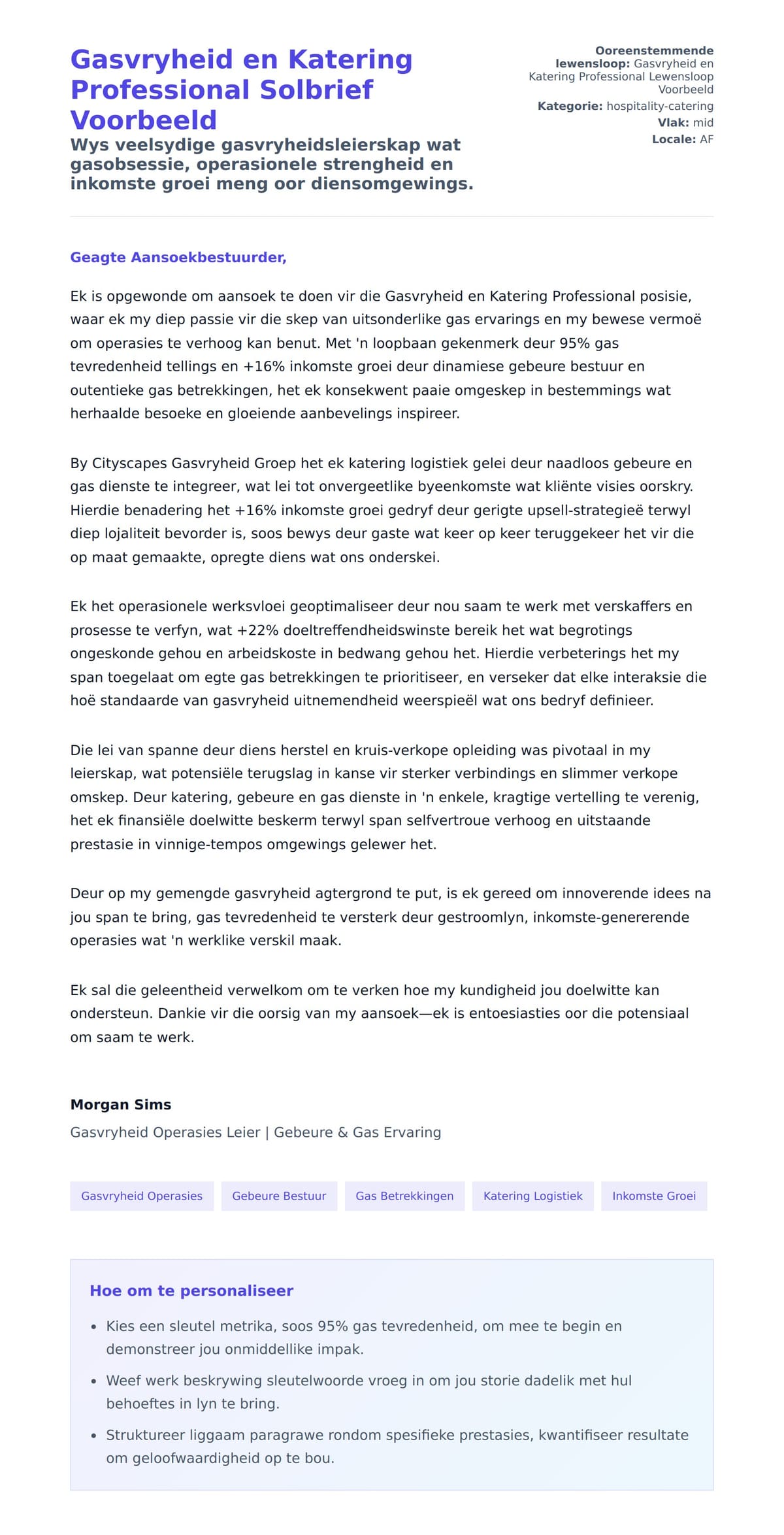 Solbrief-voorskou vir Gasvryheid en Katering Professional Solbrief Voorbeeld