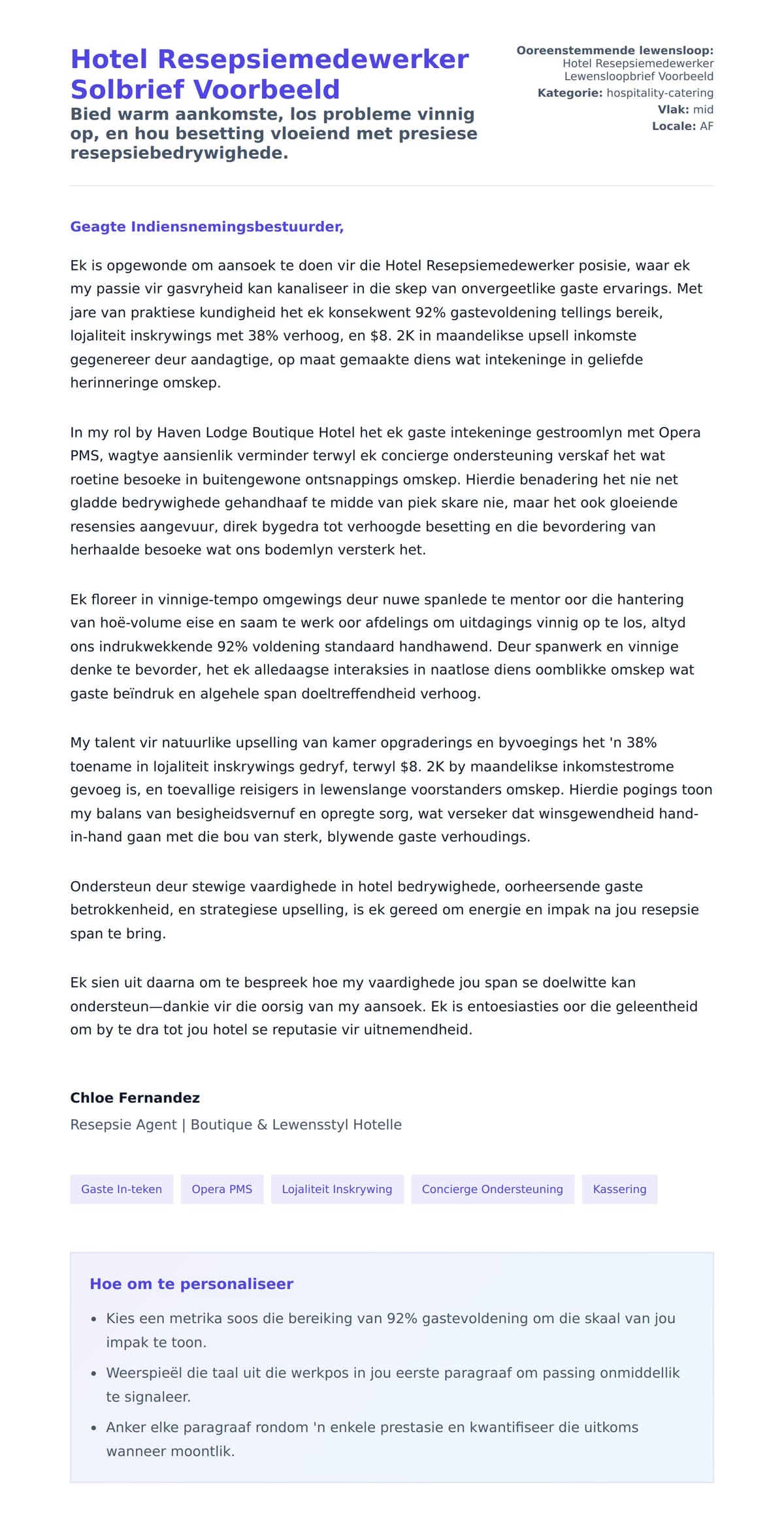 Solbrief-voorskou vir Hotel Resepsiemedewerker Solbrief Voorbeeld