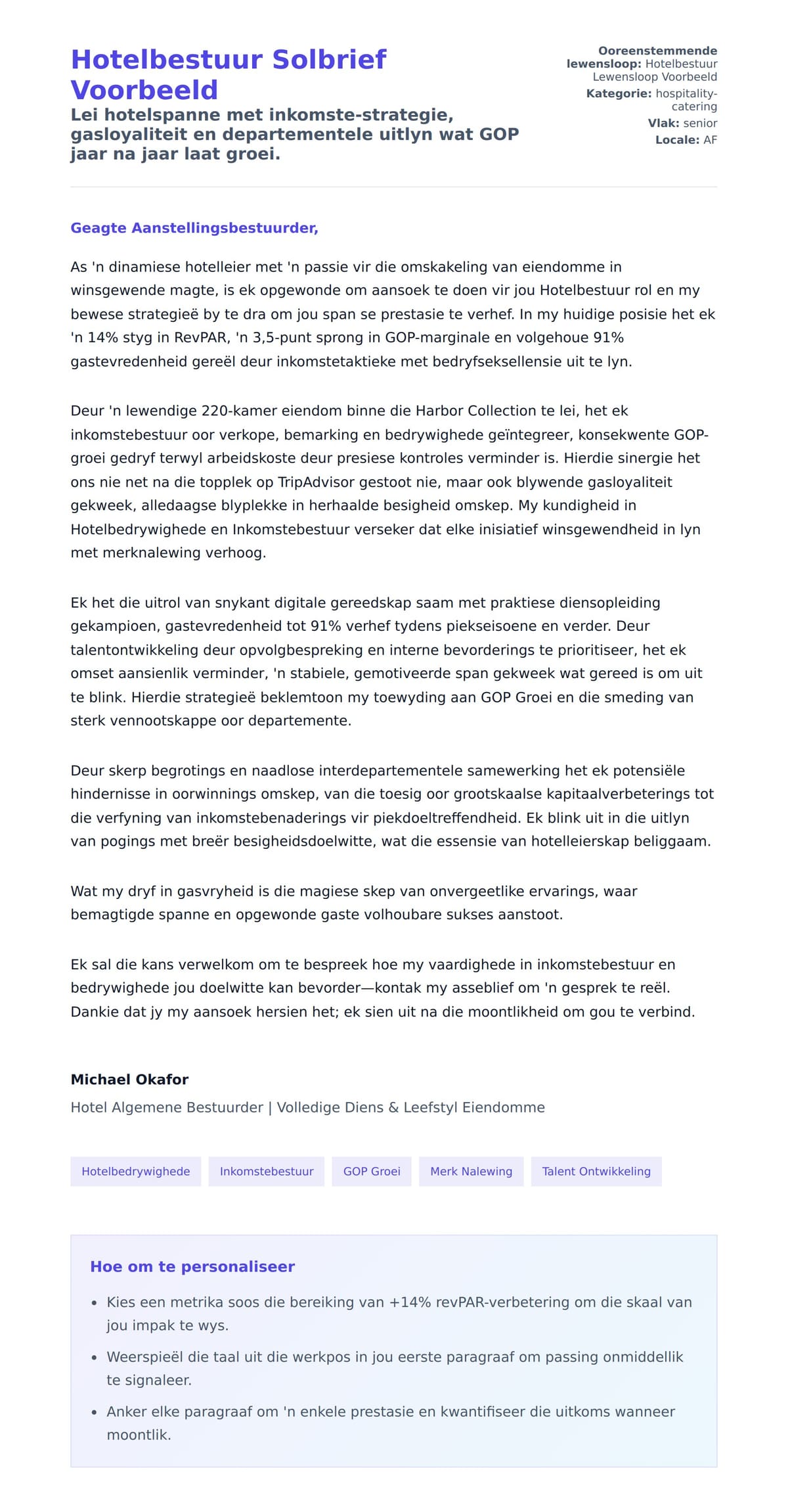 Solbrief-voorskou vir Hotelbestuur Solbrief Voorbeeld