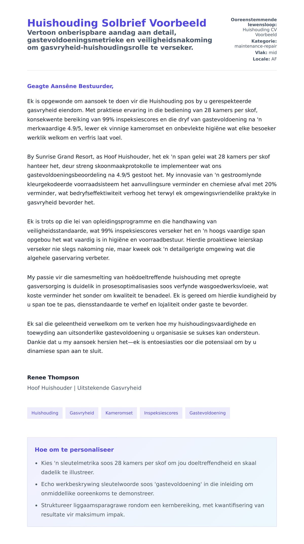 Solbrief-voorskou vir Huishouding Solbrief Voorbeeld