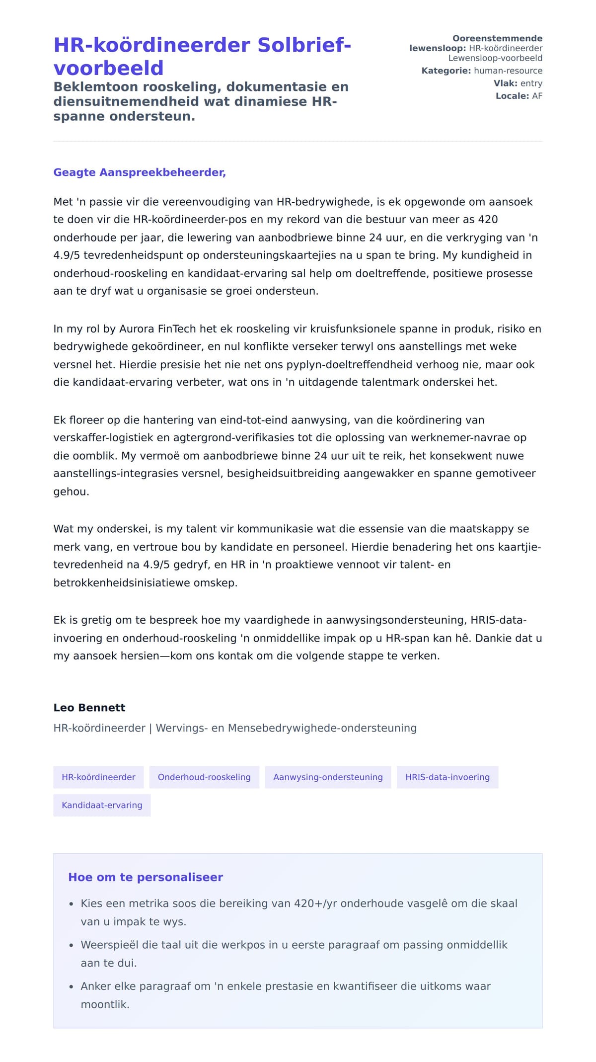 Solbrief-voorskou vir HR-koördineerder Solbrief-voorbeeld