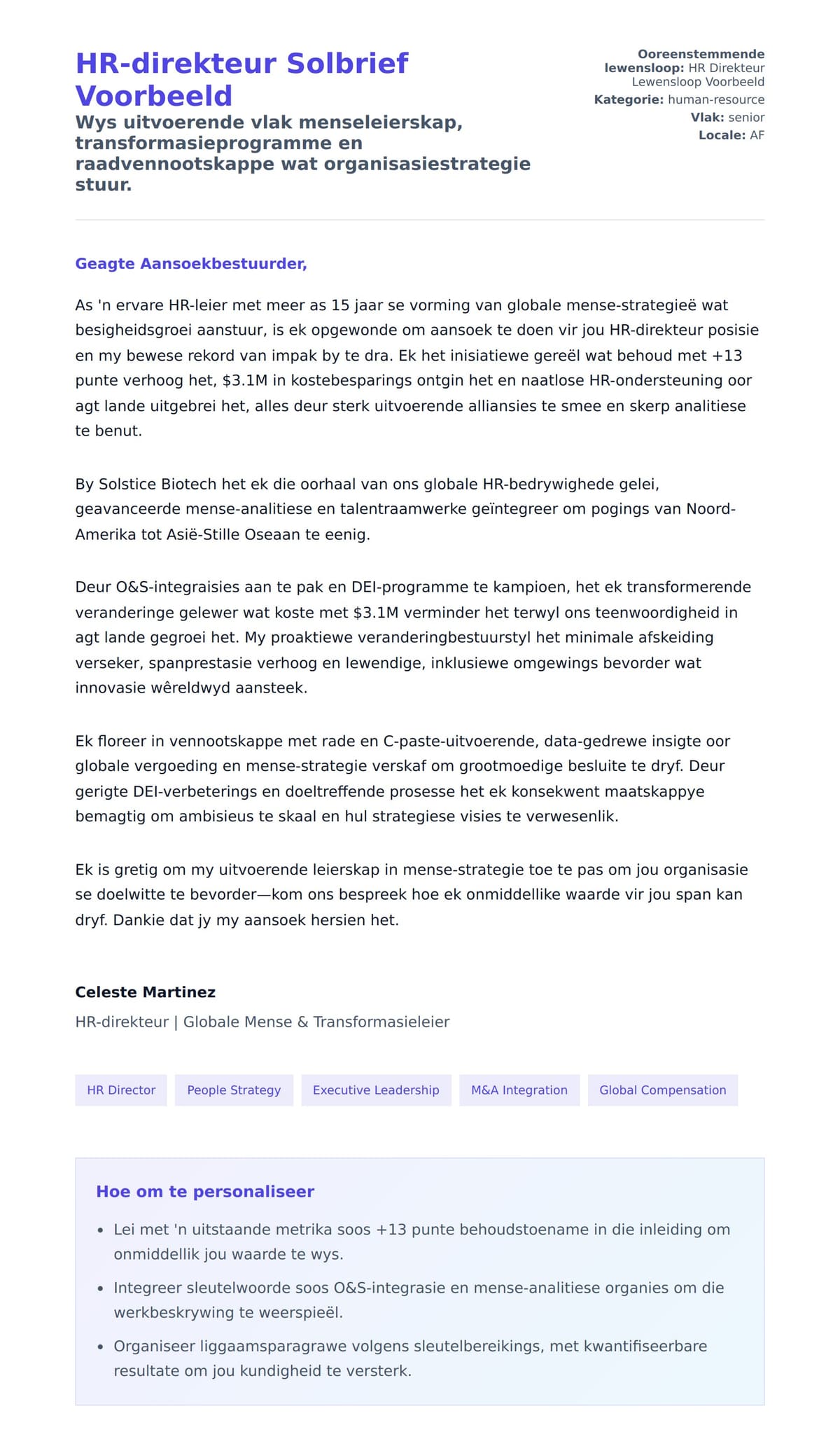 Solbrief-voorskou vir HR-direkteur Solbrief Voorbeeld