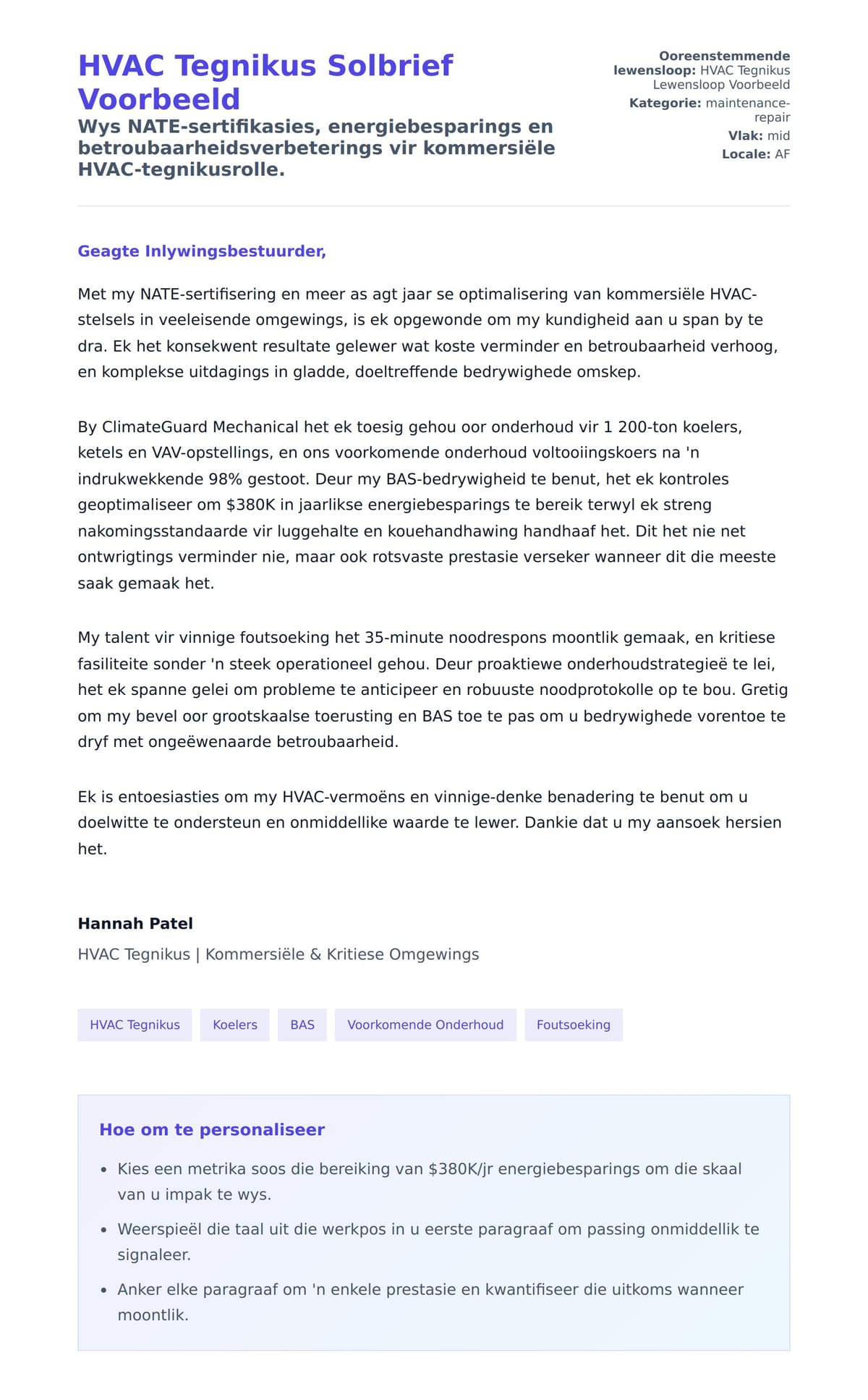 Solbrief-voorskou vir HVAC Tegnikus Solbrief Voorbeeld