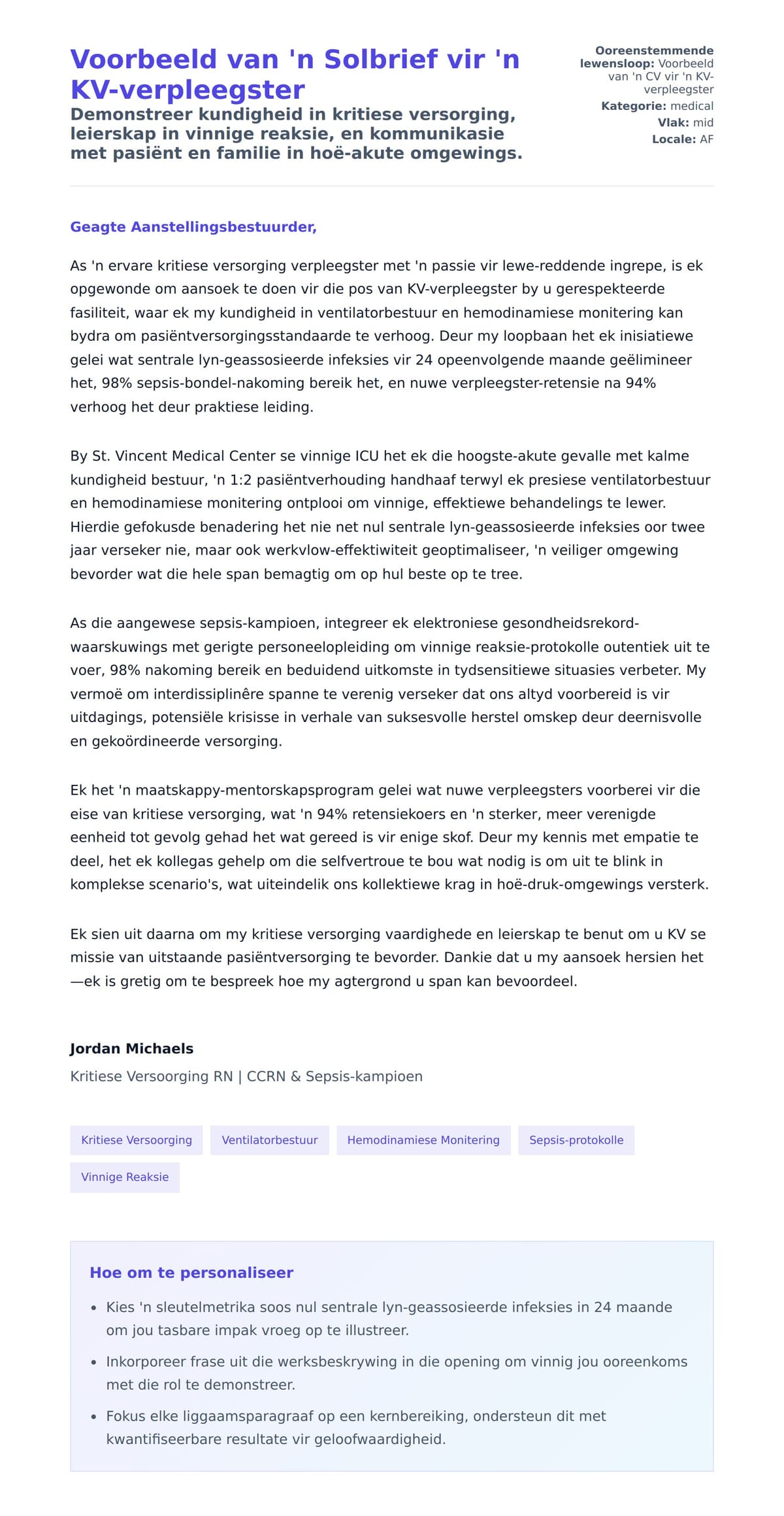 Solbrief-voorskou vir Voorbeeld van 'n Solbrief vir 'n KV-verpleegster