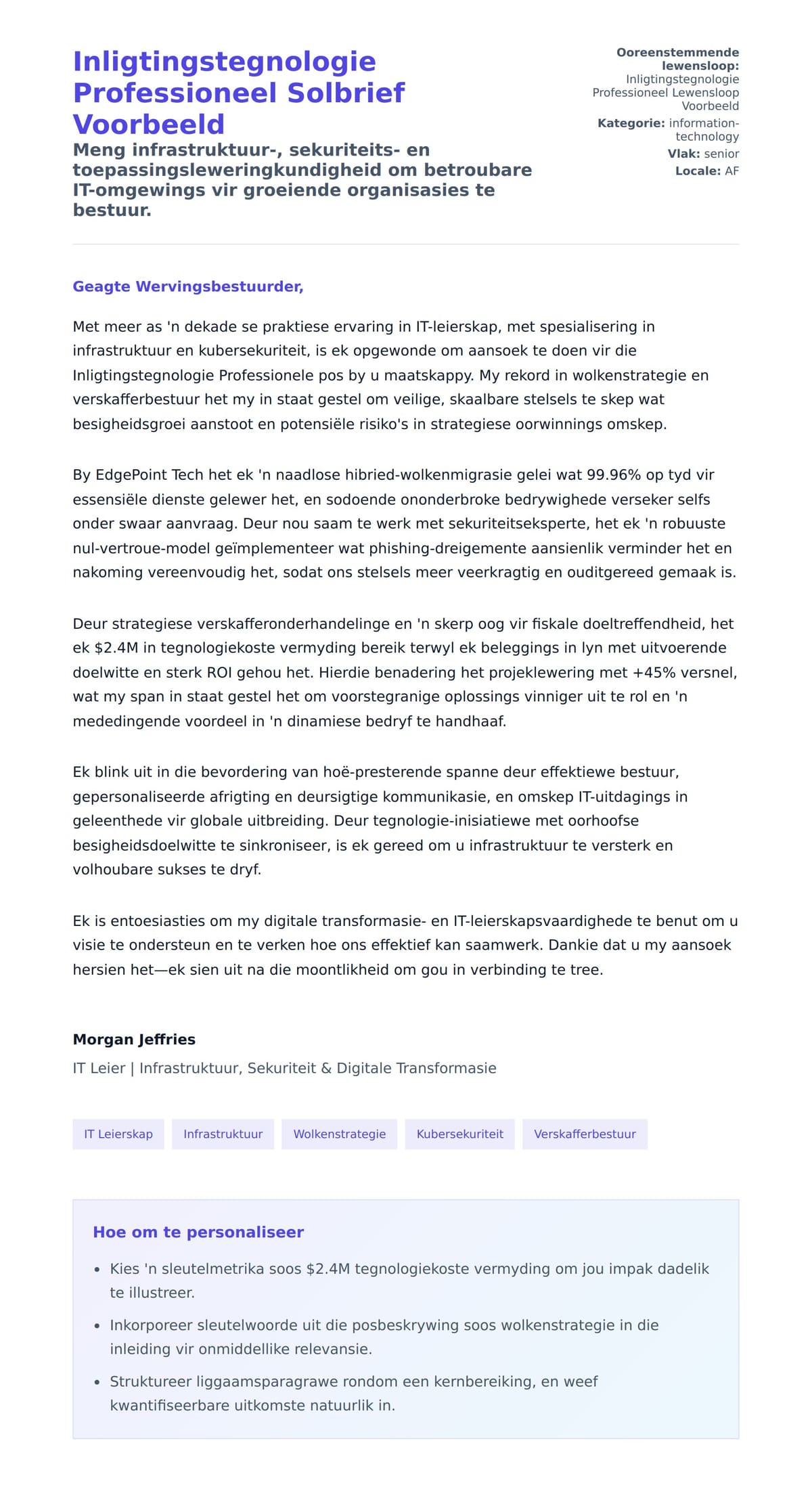 Solbrief-voorskou vir Inligtingstegnologie Professioneel Solbrief Voorbeeld