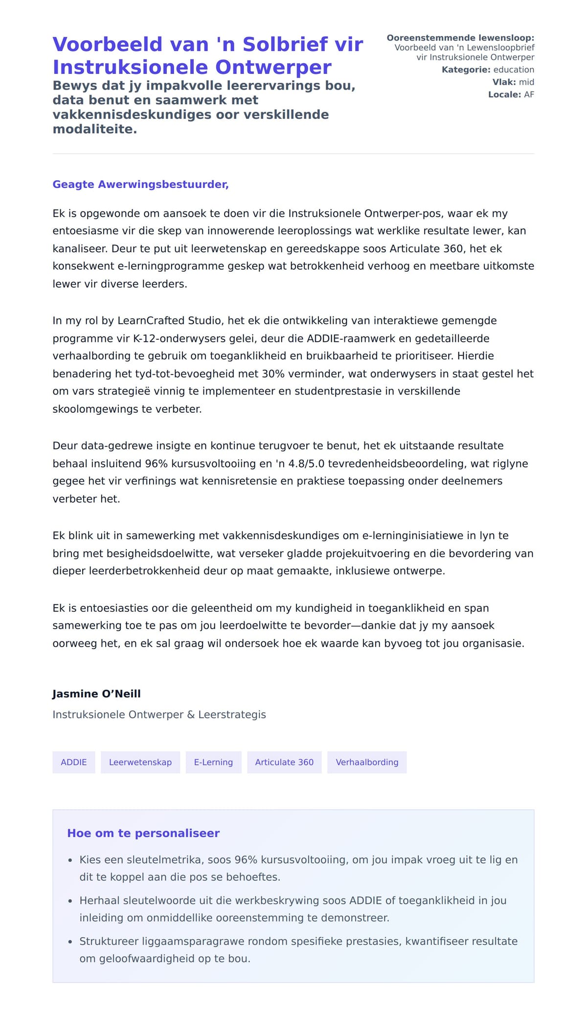 Solbrief-voorskou vir Voorbeeld van 'n Solbrief vir Instruksionele Ontwerper