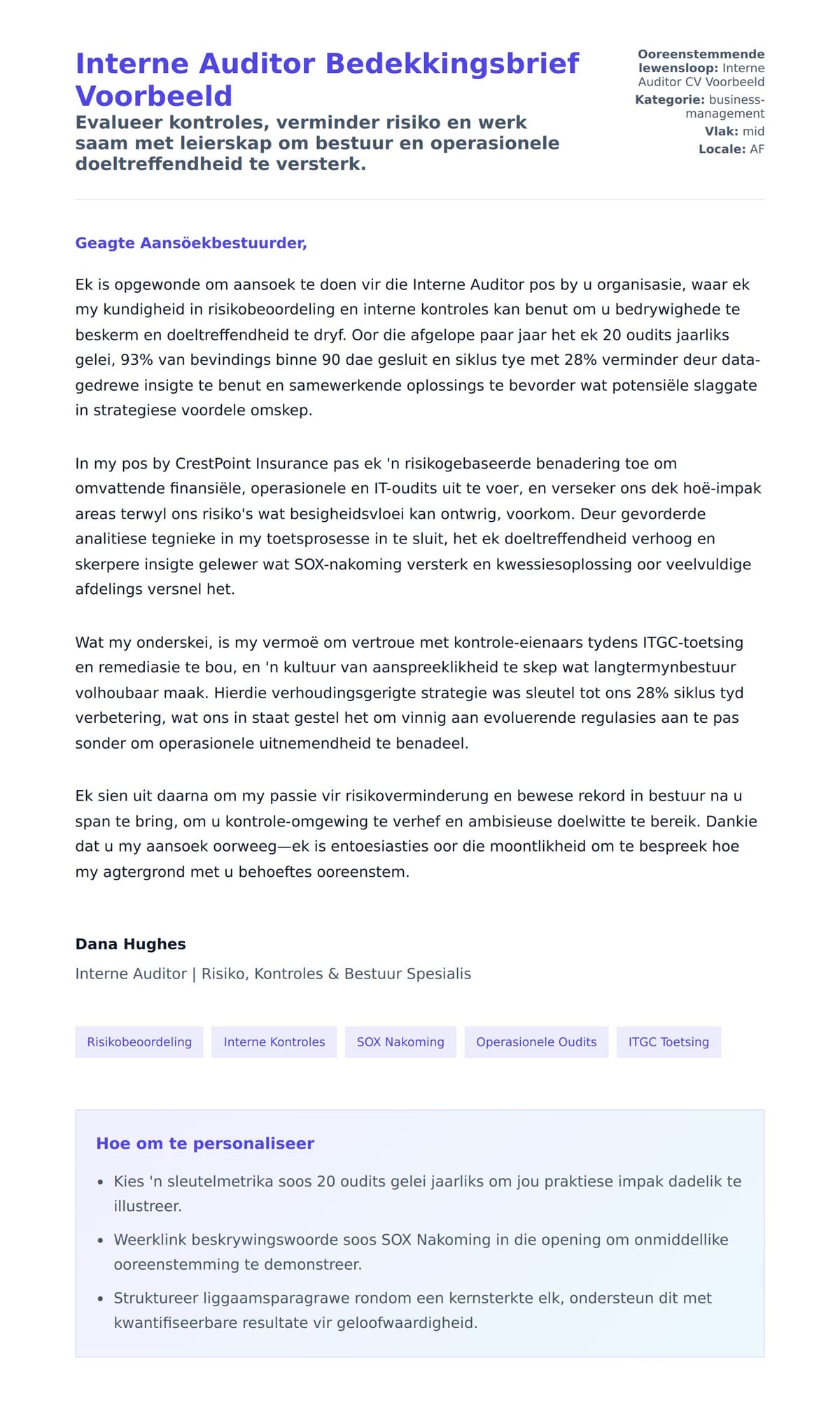 Solbrief-voorskou vir Interne Auditor Bedekkingsbrief Voorbeeld