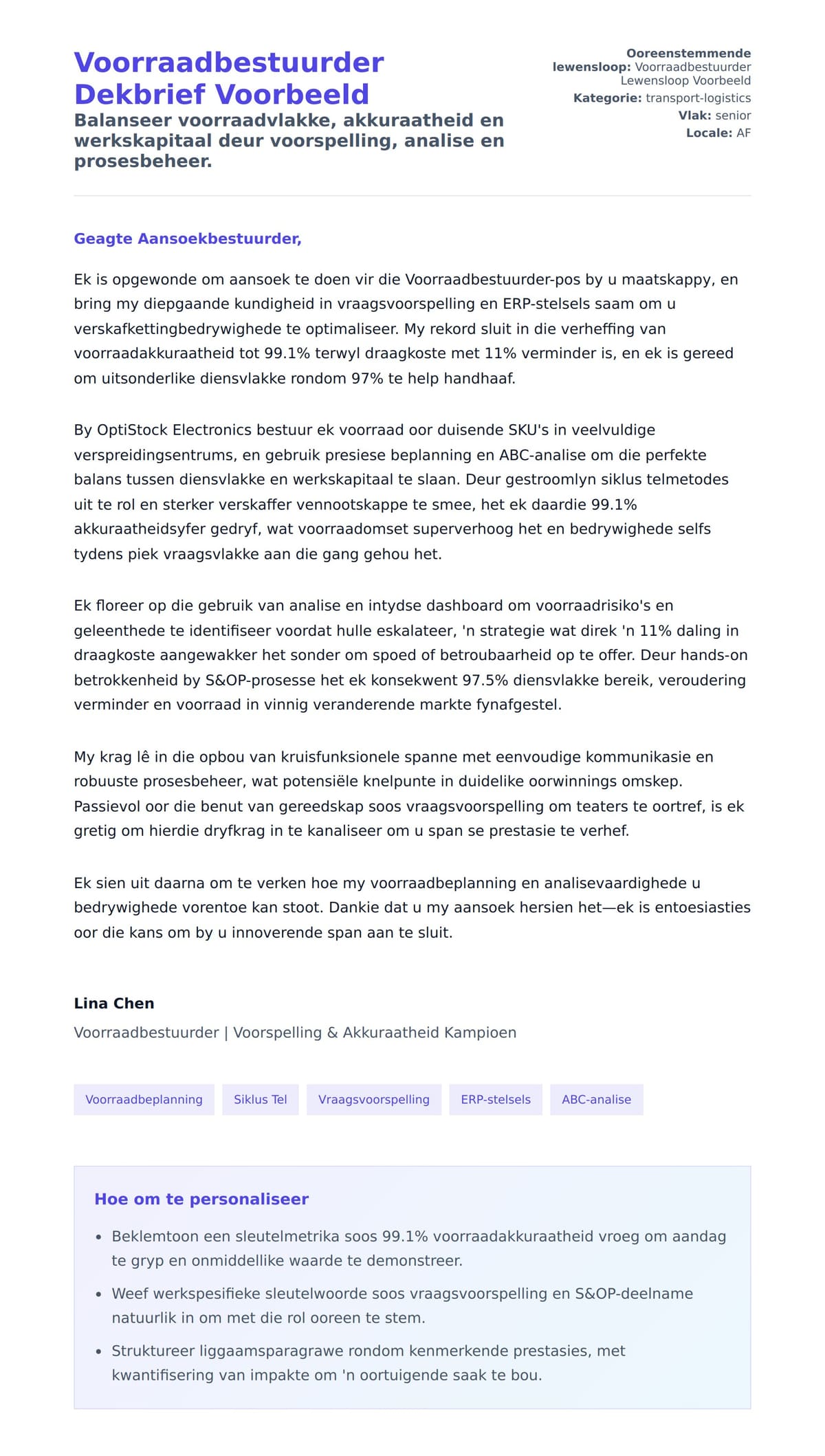 Solbrief-voorskou vir Voorraadbestuurder Dekbrief Voorbeeld