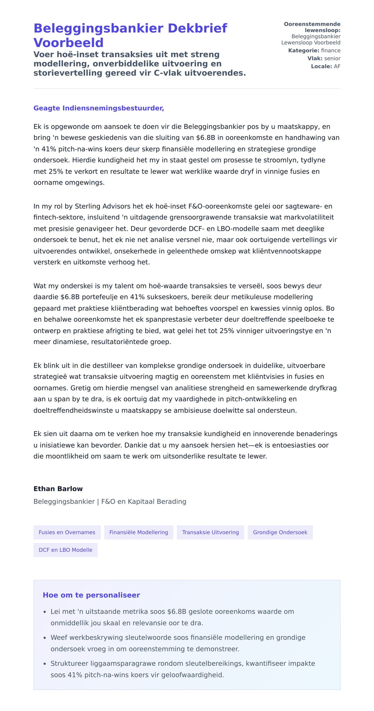 Solbrief-voorskou vir Beleggingsbankier Dekbrief Voorbeeld