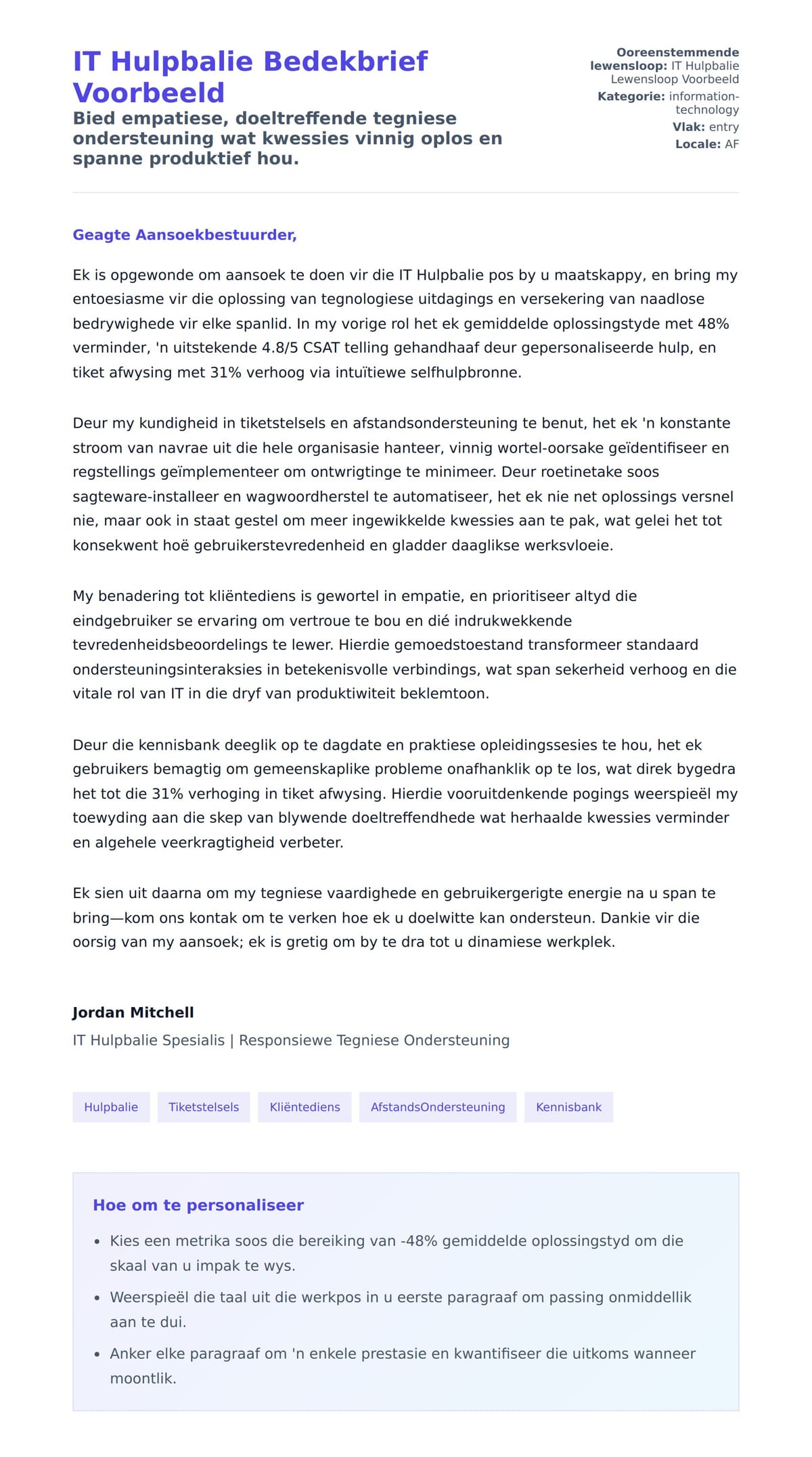 Solbrief-voorskou vir IT Hulpbalie Bedekbrief Voorbeeld