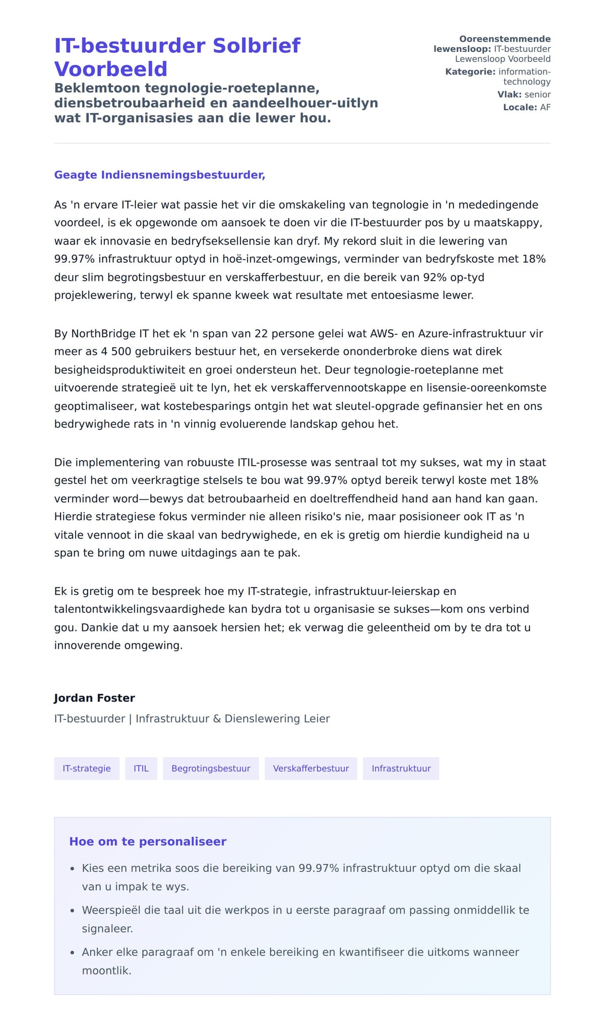 Solbrief-voorskou vir IT-bestuurder Solbrief Voorbeeld