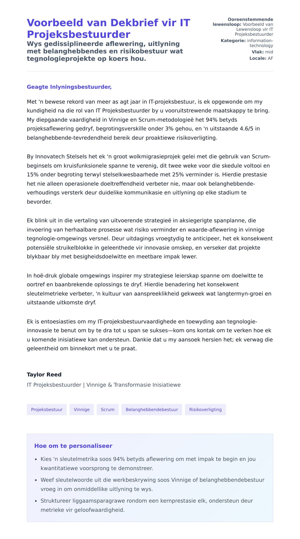 Solbrief-voorskou vir Voorbeeld van Dekbrief vir IT Projeksbestuurder