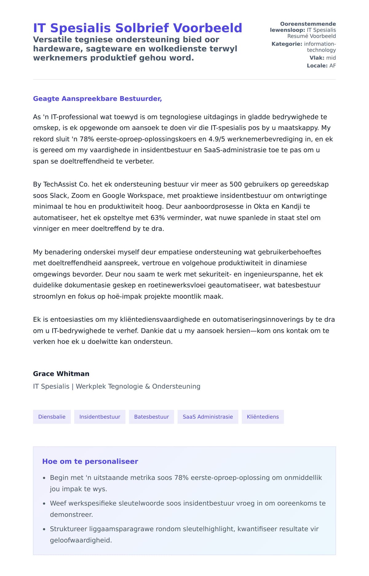 Solbrief-voorskou vir IT Spesialis Solbrief Voorbeeld