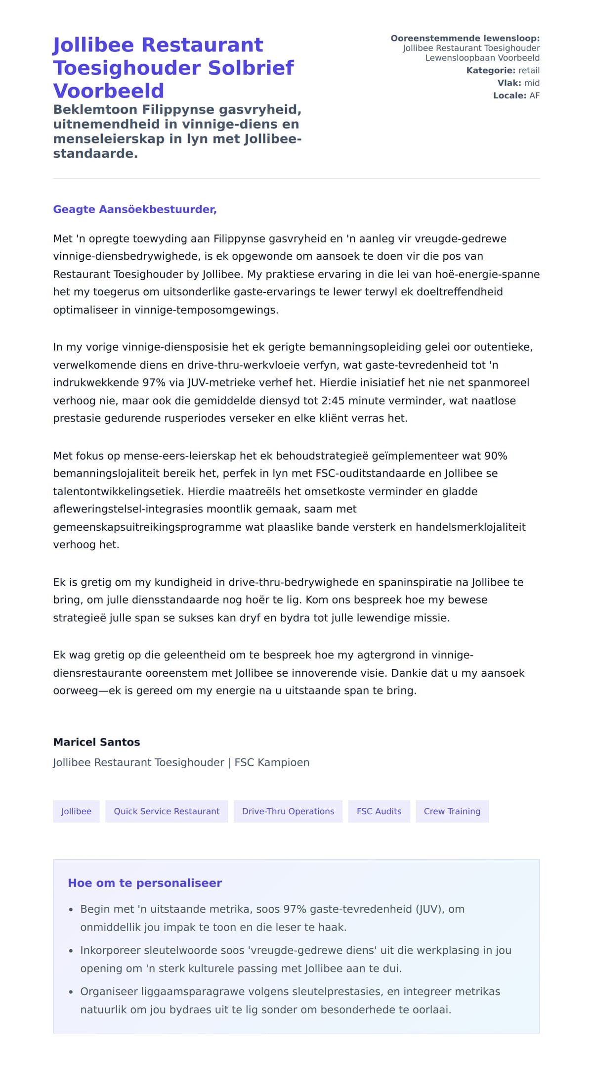 Solbrief-voorskou vir Jollibee Restaurant Toesighouder Solbrief Voorbeeld