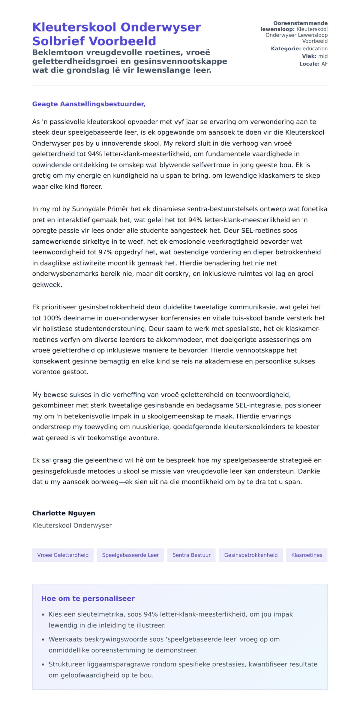 Solbrief-voorskou vir Kleuterskool Onderwyser Solbrief Voorbeeld