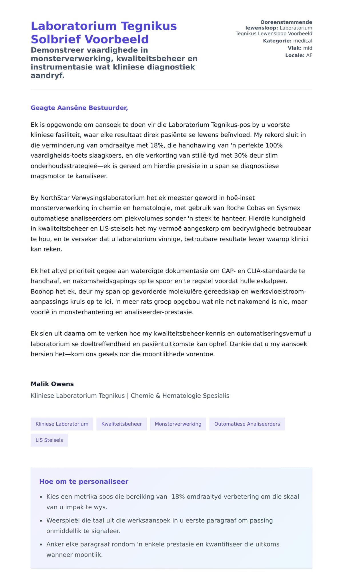 Solbrief-voorskou vir Laboratorium Tegnikus Solbrief Voorbeeld