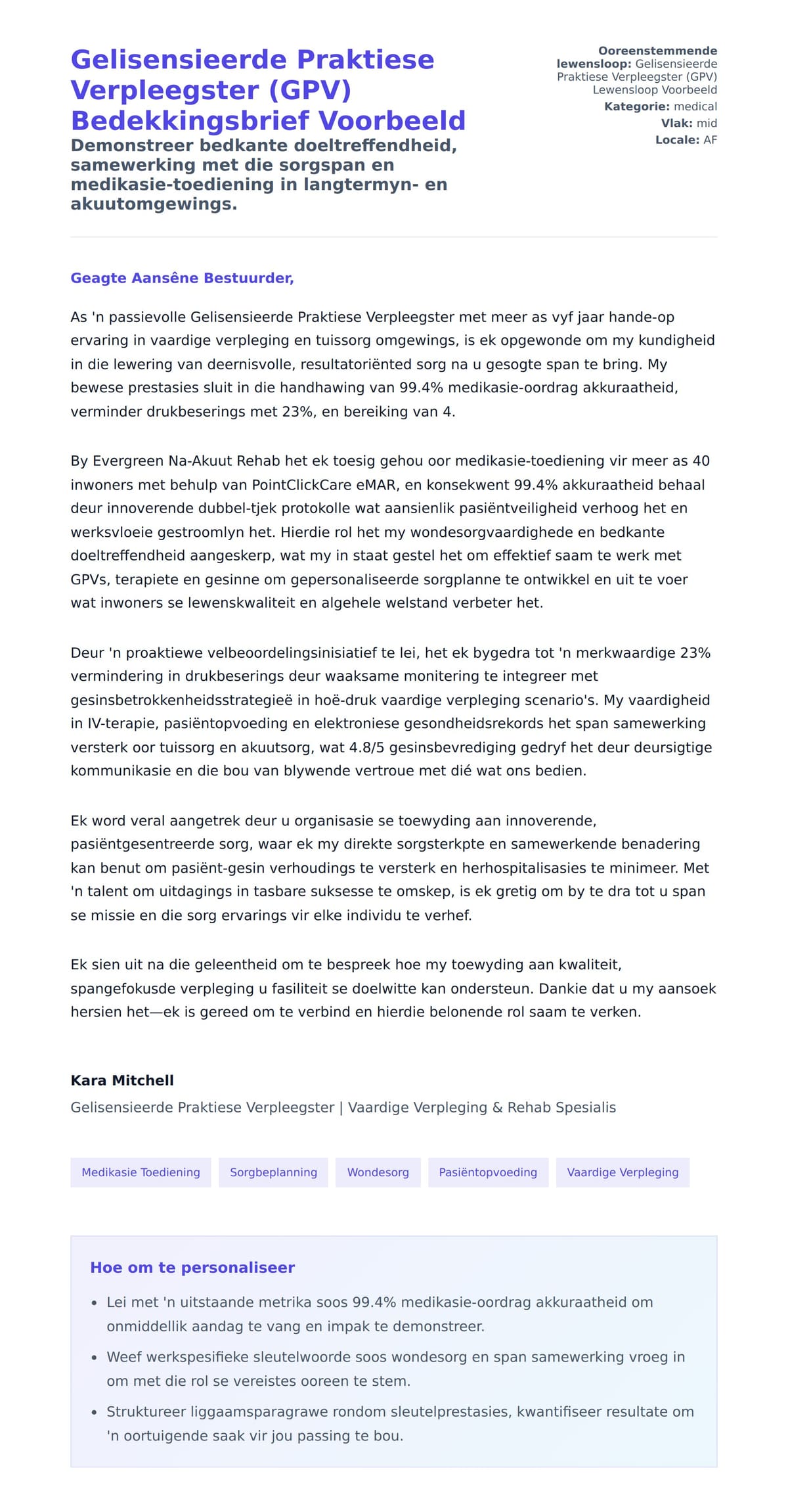 Solbrief-voorskou vir Gelisensieerde Praktiese Verpleegster (GPV) Bedekkingsbrief Voorbeeld