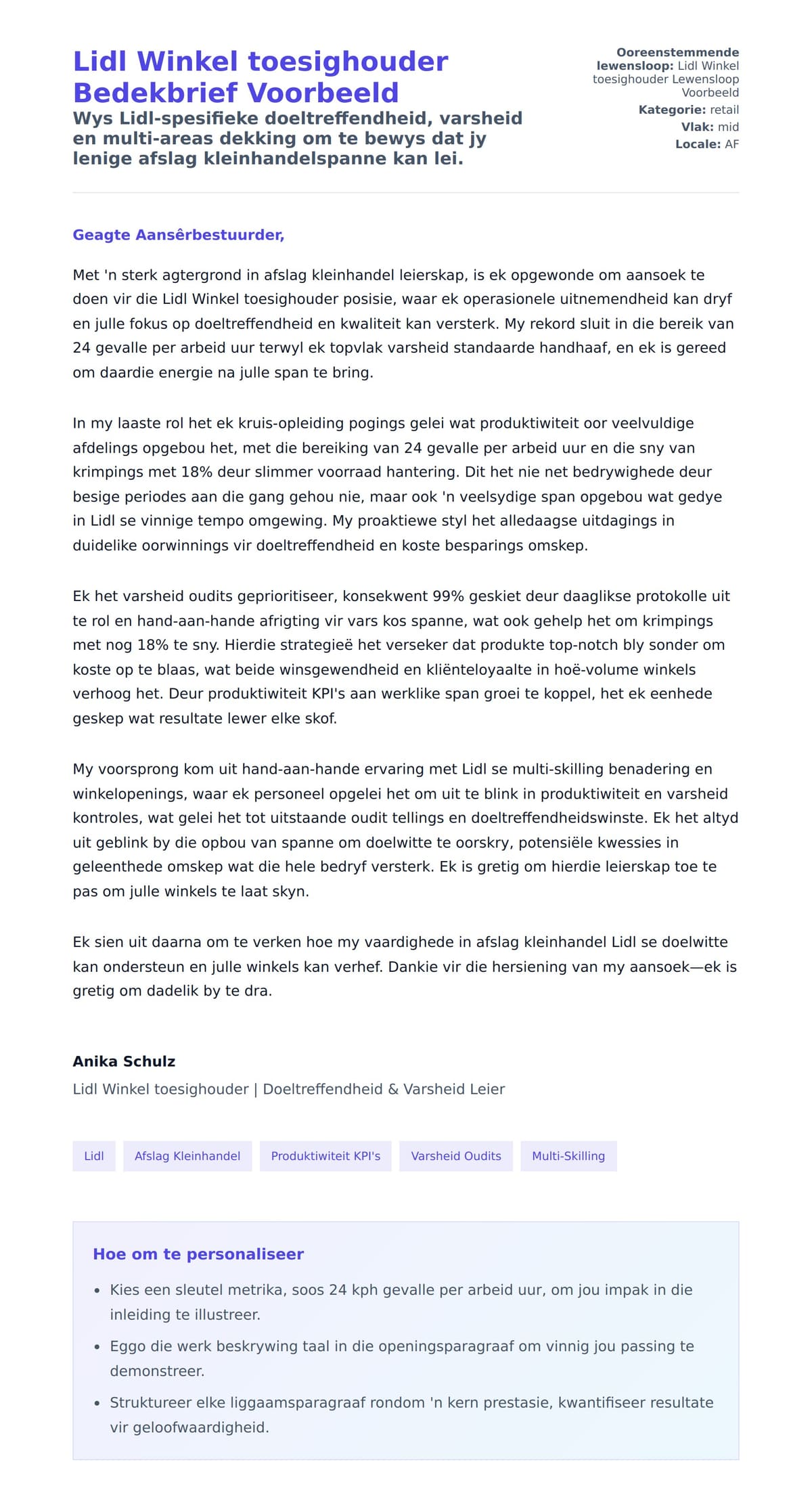 Solbrief-voorskou vir Lidl Winkel toesighouder Bedekbrief Voorbeeld