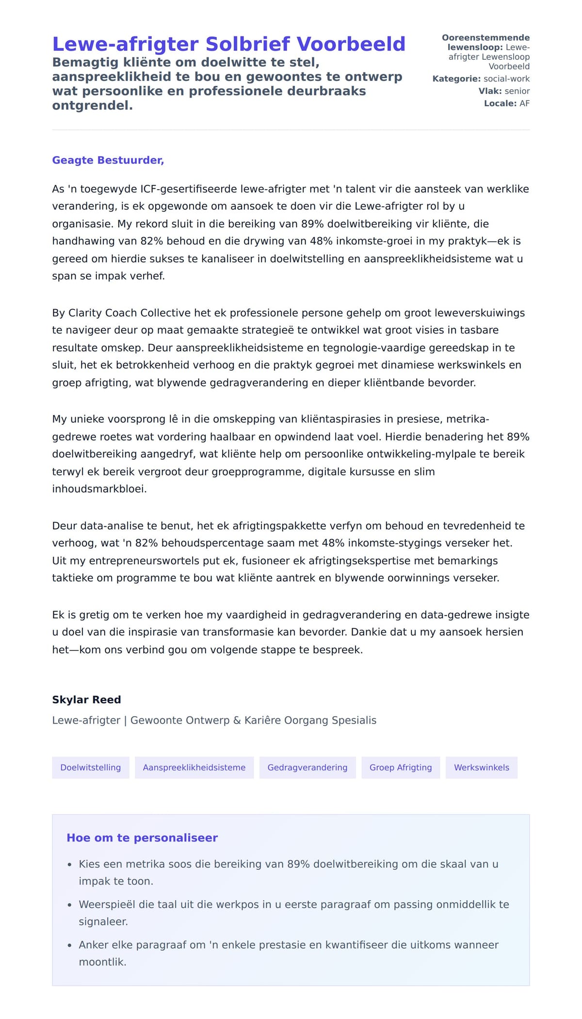 Solbrief-voorskou vir Lewe-afrigter Solbrief Voorbeeld