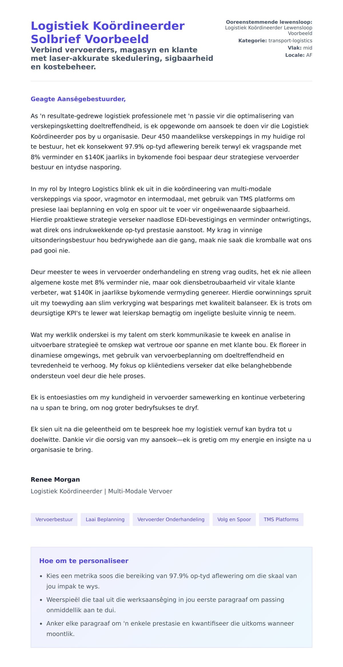 Solbrief-voorskou vir Logistiek Koördineerder Solbrief Voorbeeld