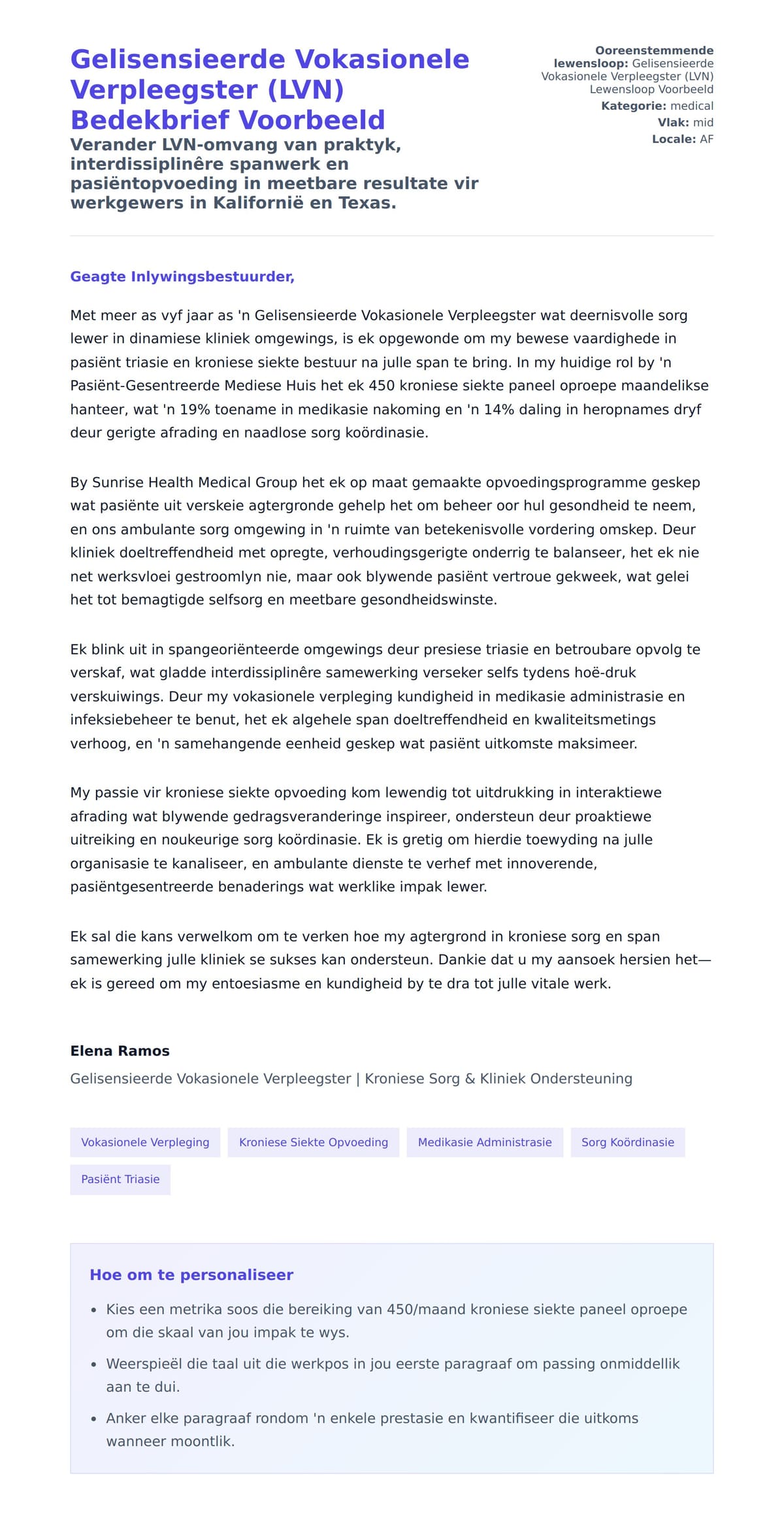 Solbrief-voorskou vir Gelisensieerde Vokasionele Verpleegster (LVN) Bedekbrief Voorbeeld