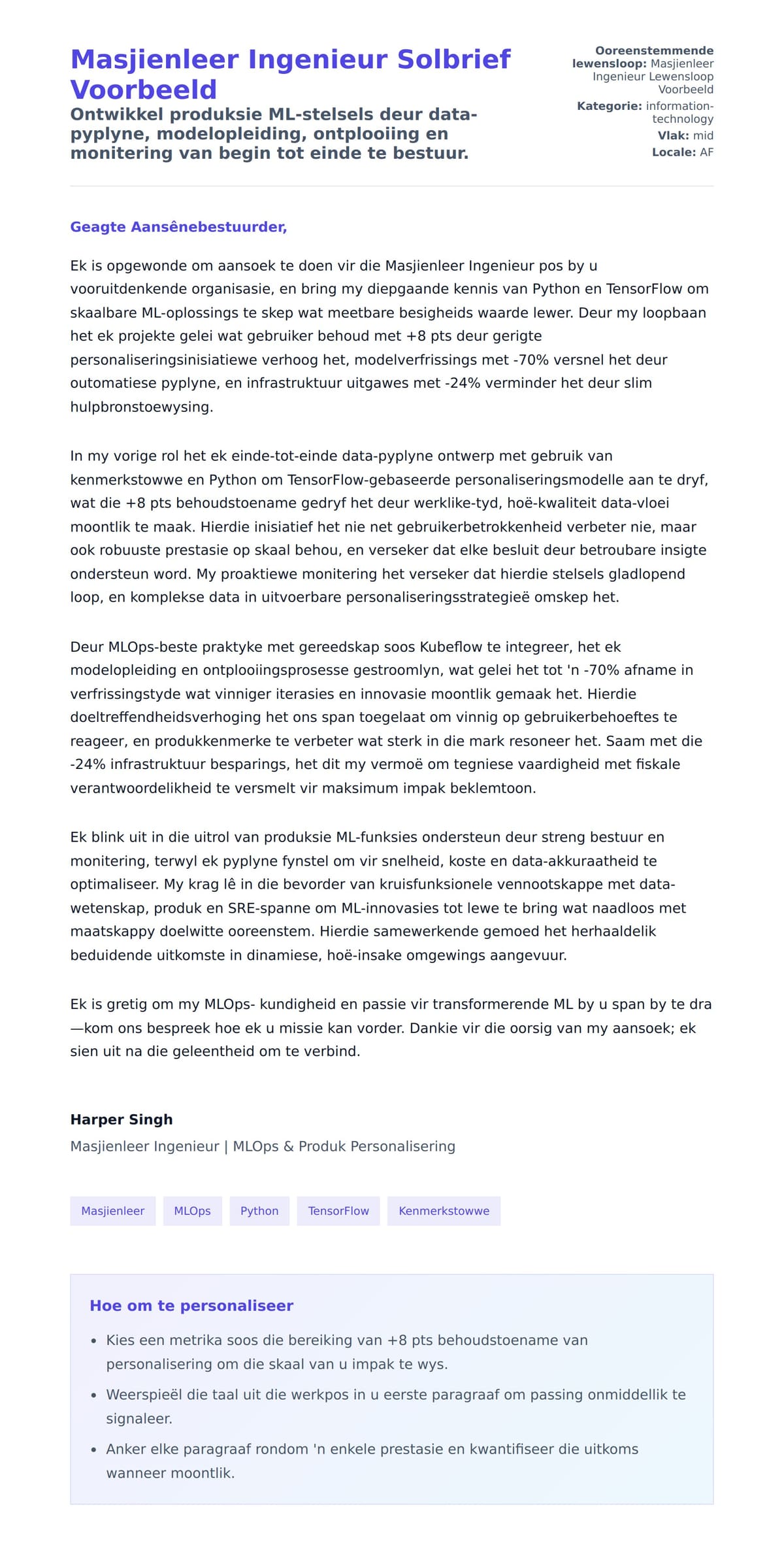 Solbrief-voorskou vir Masjienleer Ingenieur Solbrief Voorbeeld