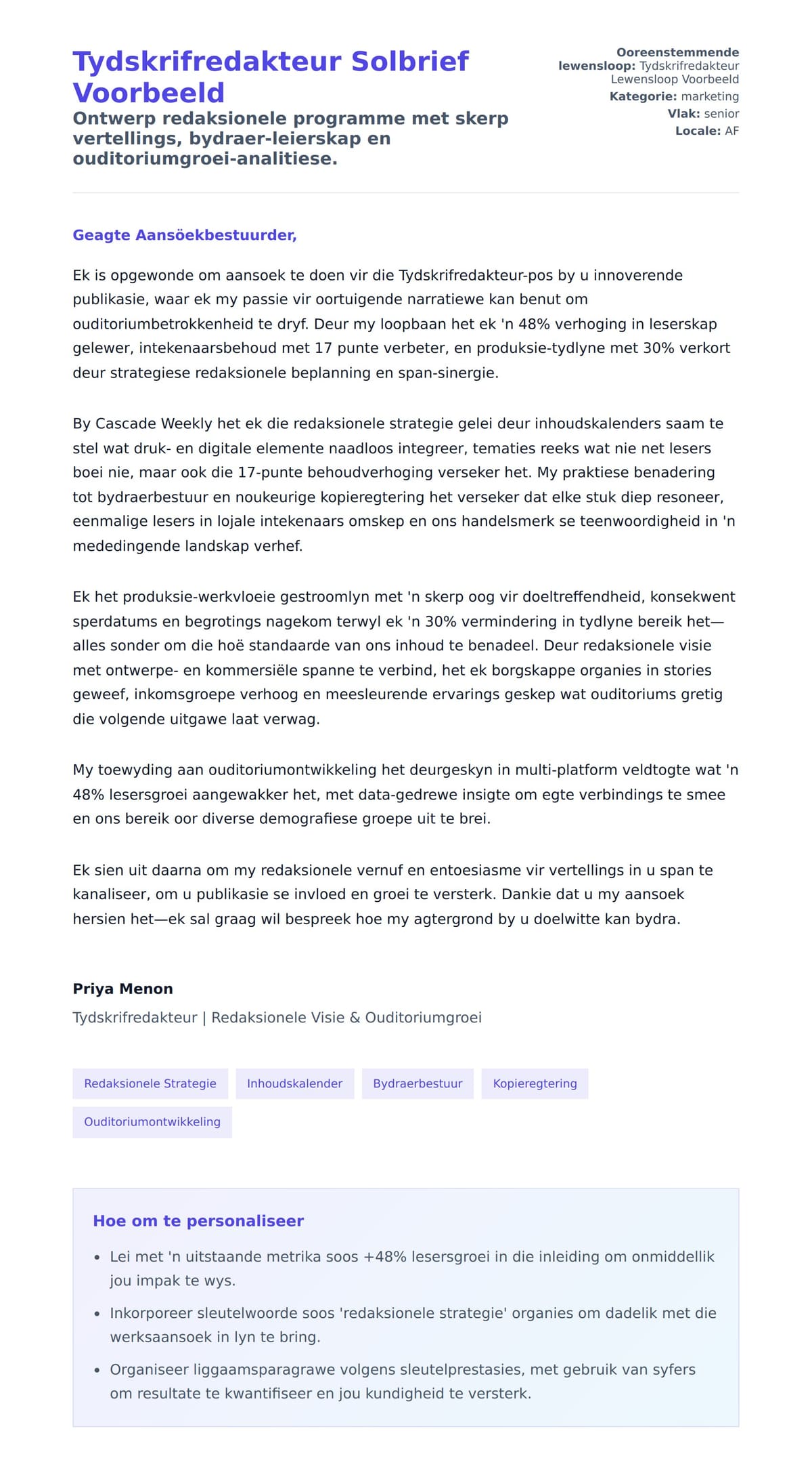 Solbrief-voorskou vir Tydskrifredakteur Solbrief Voorbeeld