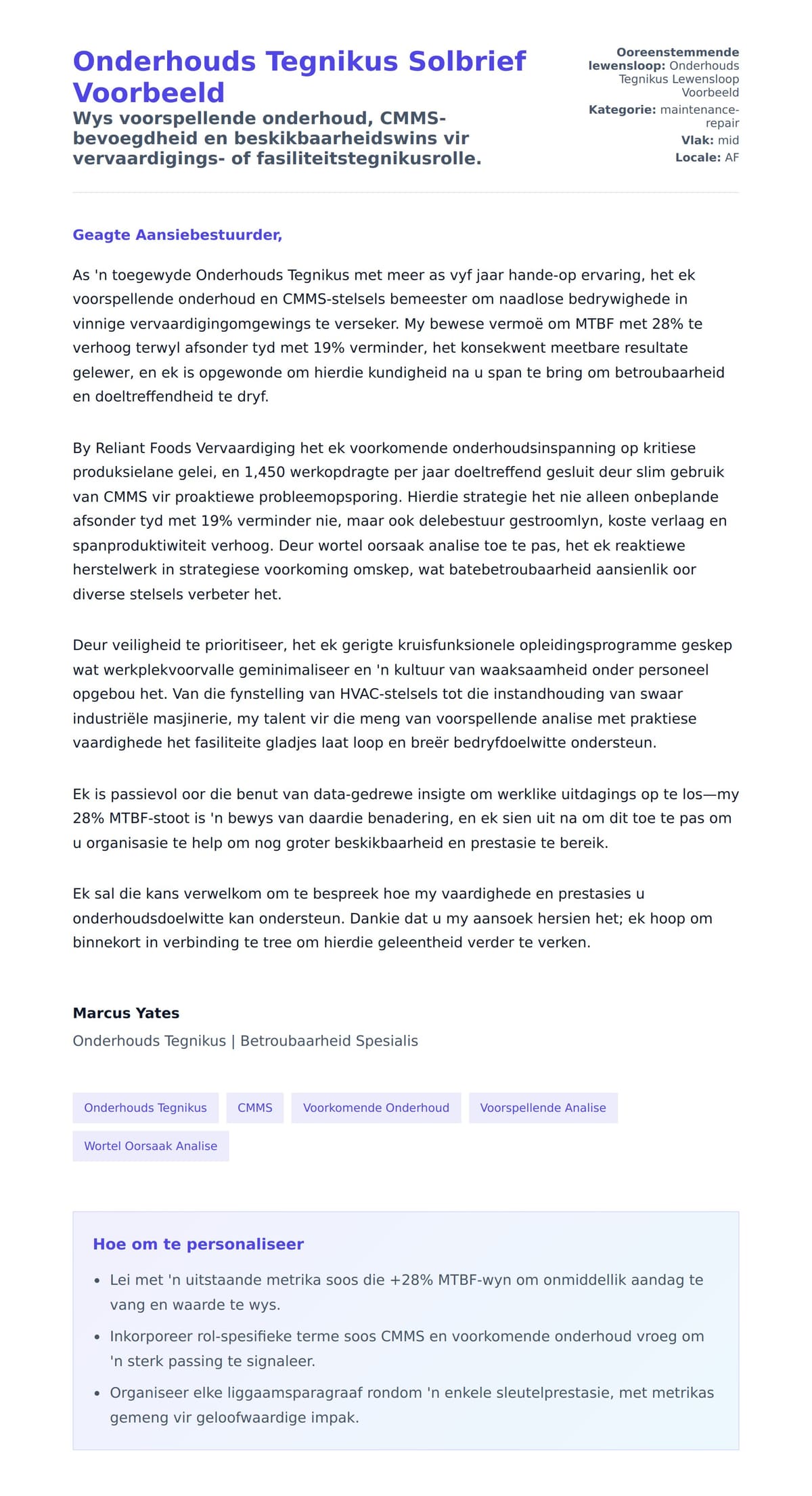 Solbrief-voorskou vir Onderhouds Tegnikus Solbrief Voorbeeld