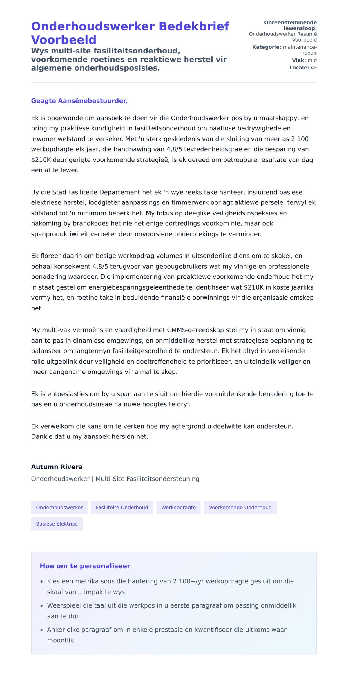 Solbrief-voorskou vir Onderhoudswerker Bedekbrief Voorbeeld