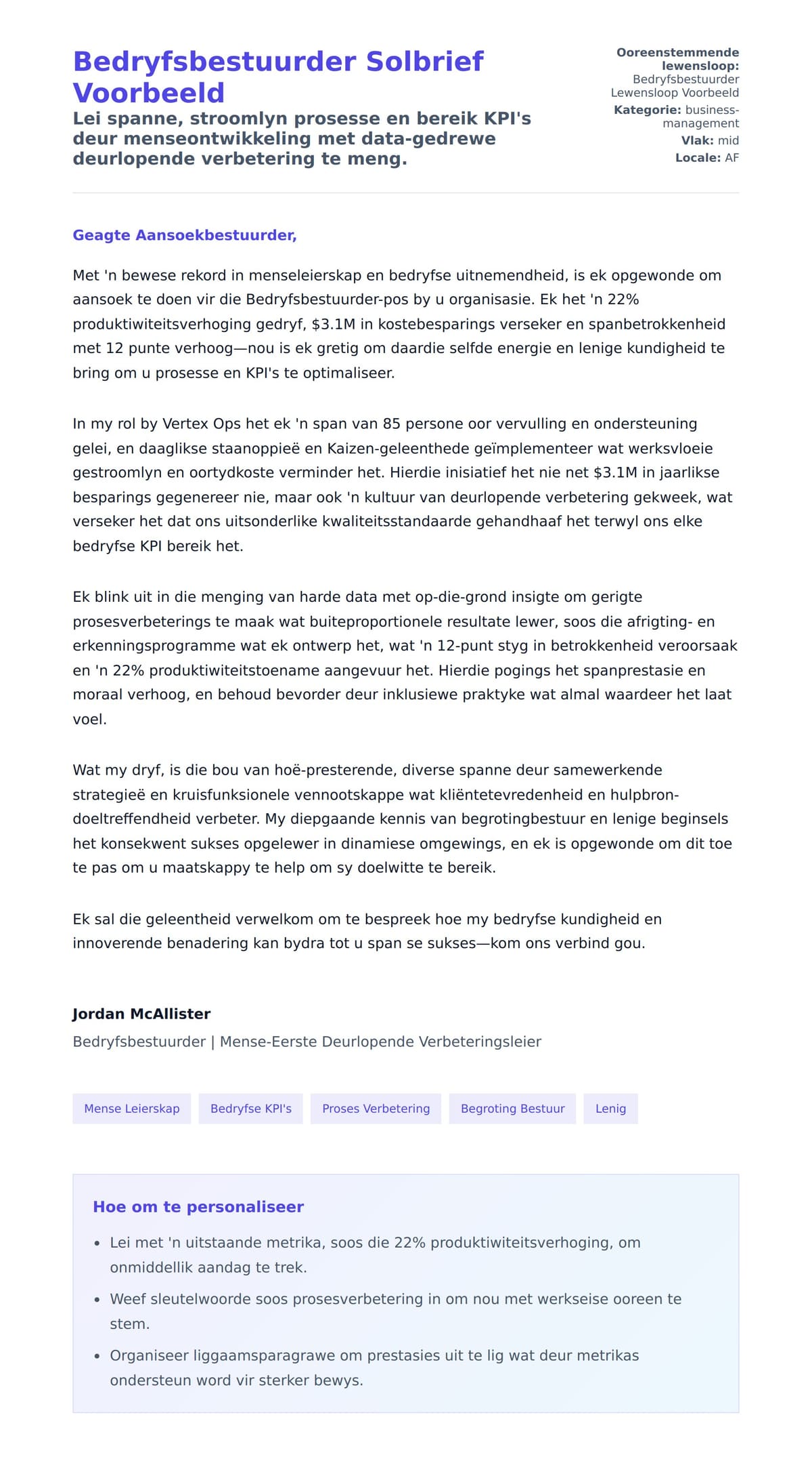 Solbrief-voorskou vir Bedryfsbestuurder Solbrief Voorbeeld