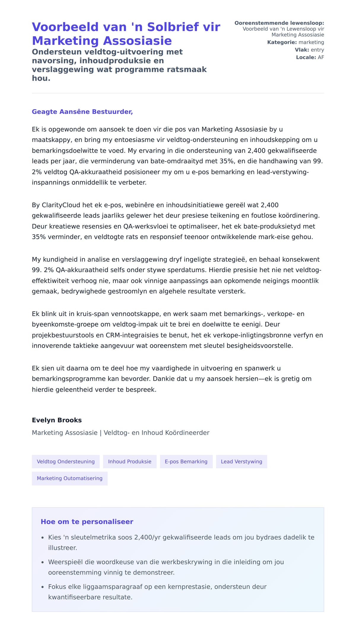 Solbrief-voorskou vir Voorbeeld van 'n Solbrief vir Marketing Assosiasie