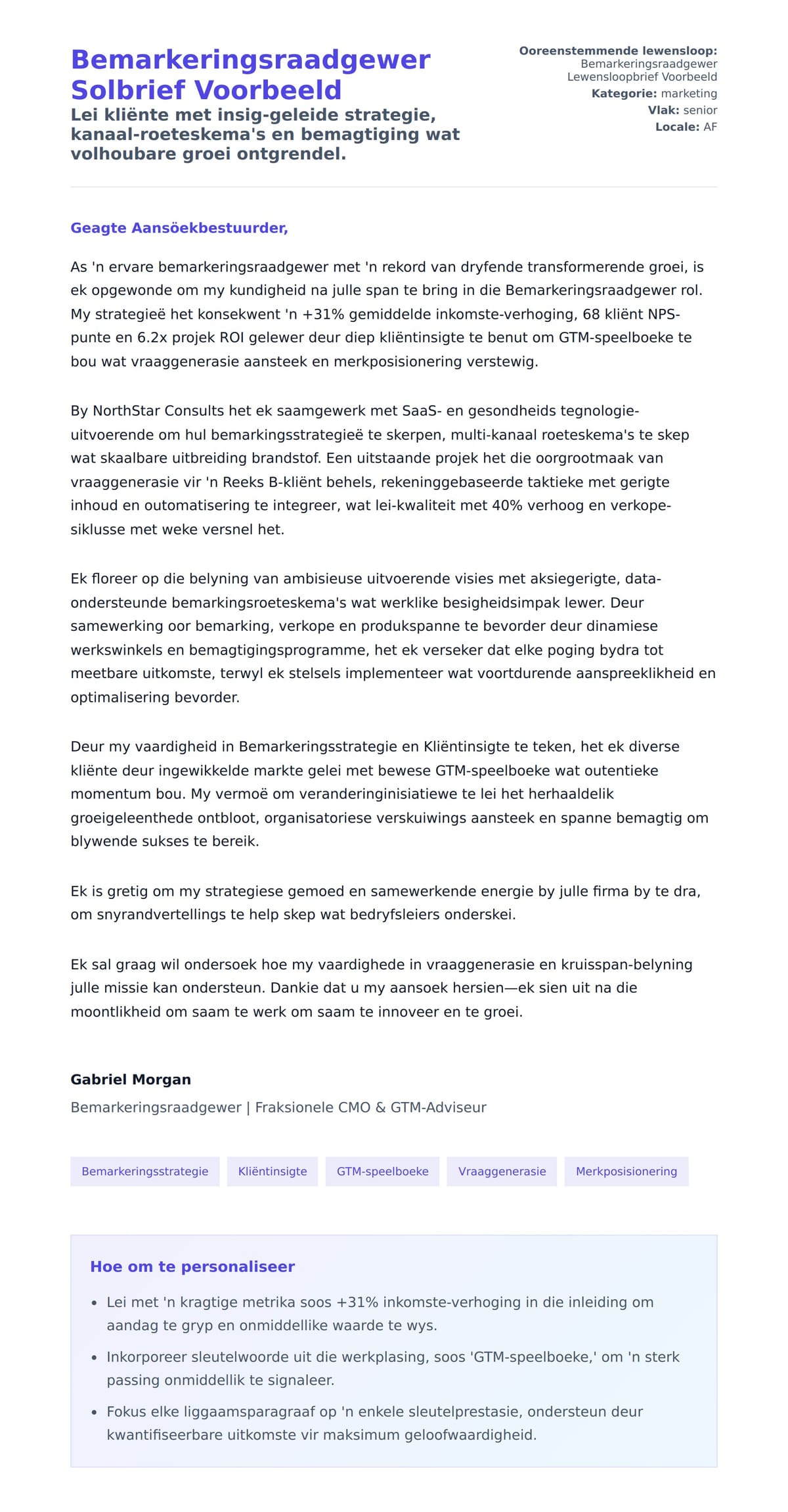 Solbrief-voorskou vir Bemarkeringsraadgewer Solbrief Voorbeeld