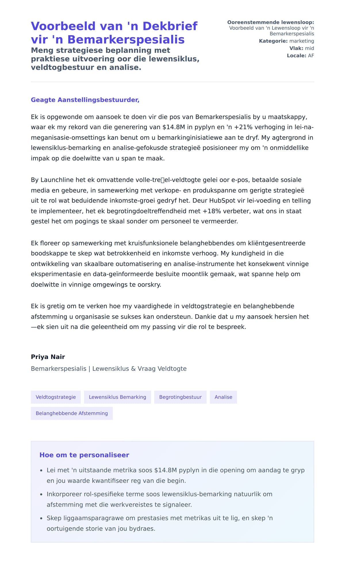 Solbrief-voorskou vir Voorbeeld van 'n Dekbrief vir 'n Bemarkerspesialis