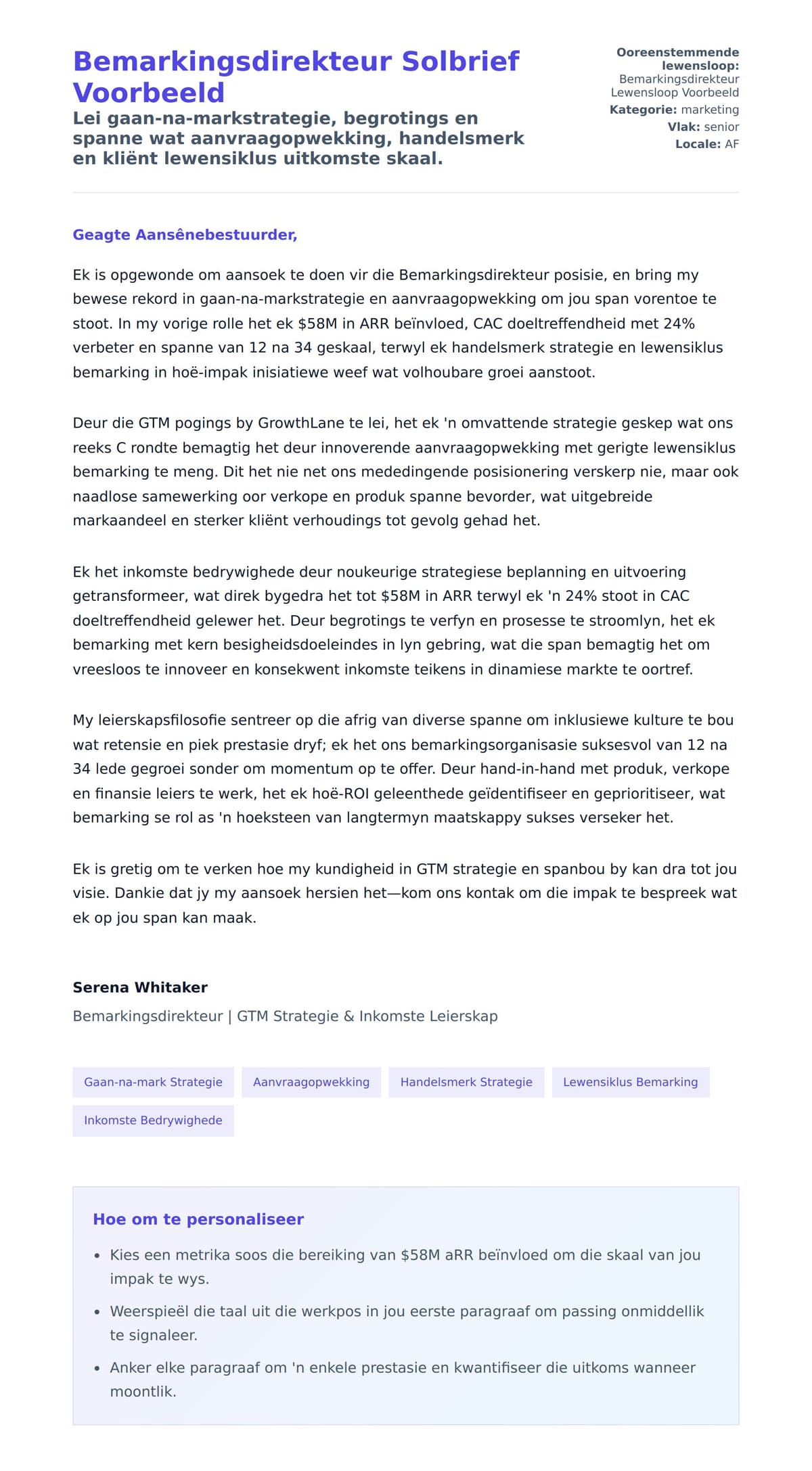 Solbrief-voorskou vir Bemarkingsdirekteur Solbrief Voorbeeld