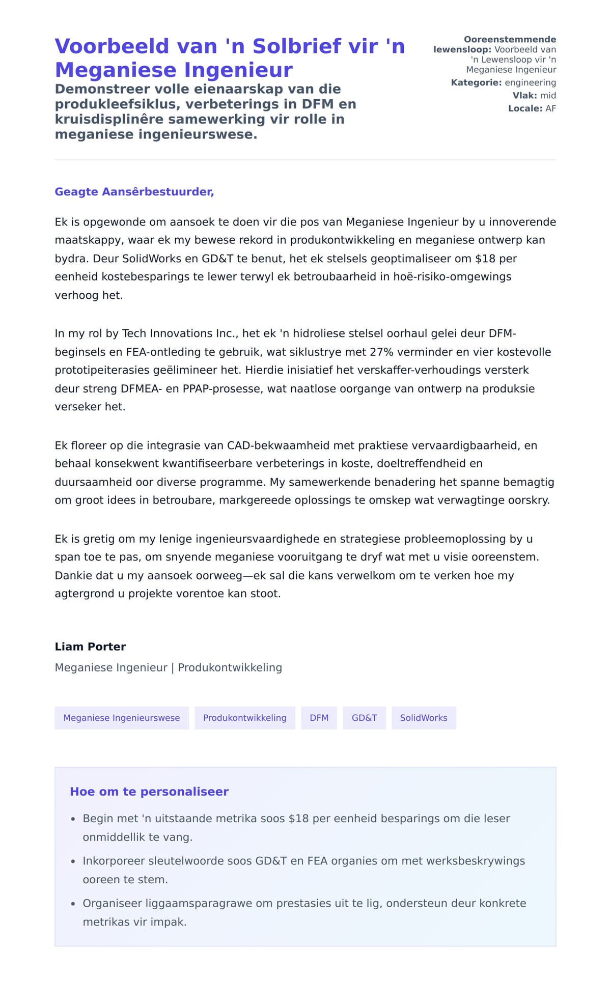 Solbrief-voorskou vir Voorbeeld van 'n Solbrief vir 'n Meganiese Ingenieur