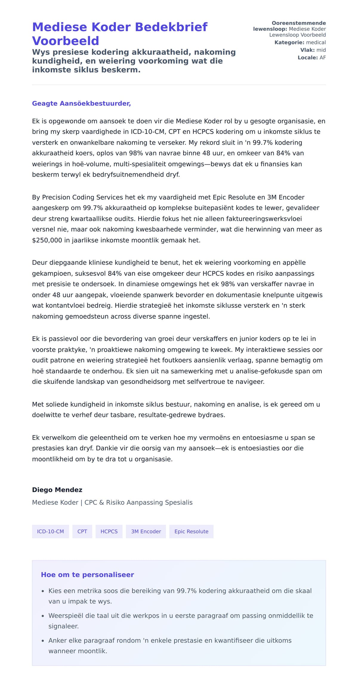 Solbrief-voorskou vir Mediese Koder Bedekbrief Voorbeeld