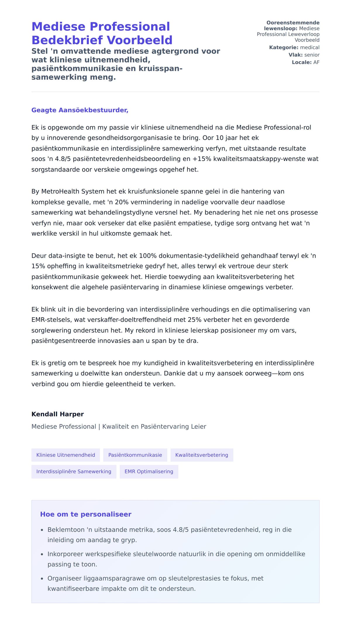 Solbrief-voorskou vir Mediese Professional Bedekbrief Voorbeeld