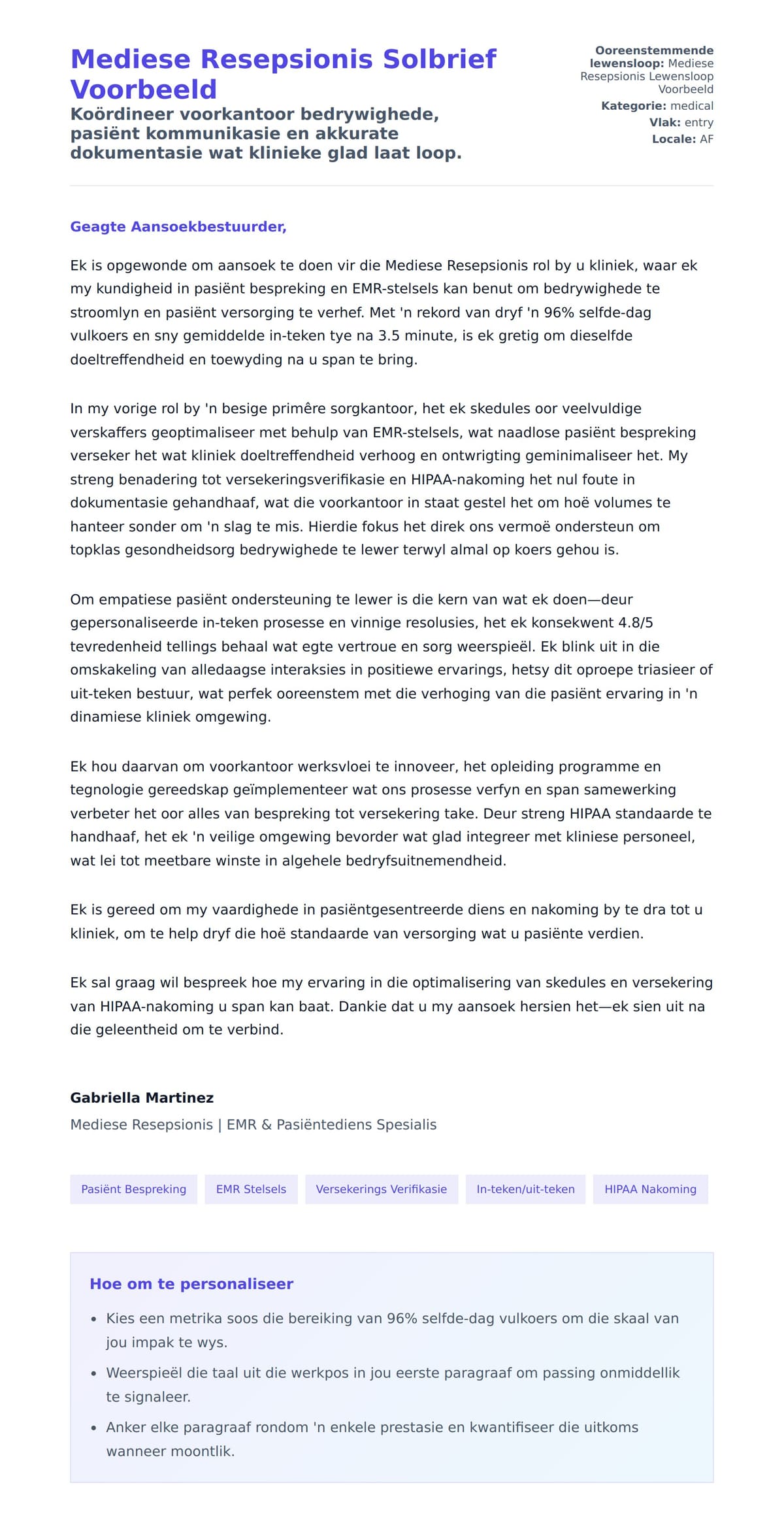 Solbrief-voorskou vir Mediese Resepsionis Solbrief Voorbeeld