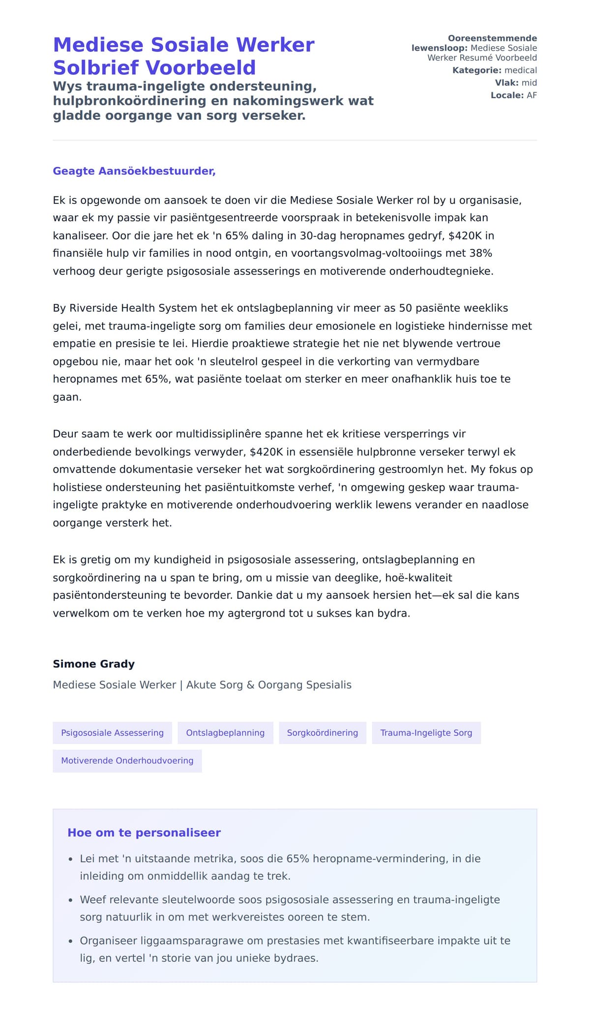 Solbrief-voorskou vir Mediese Sosiale Werker Solbrief Voorbeeld