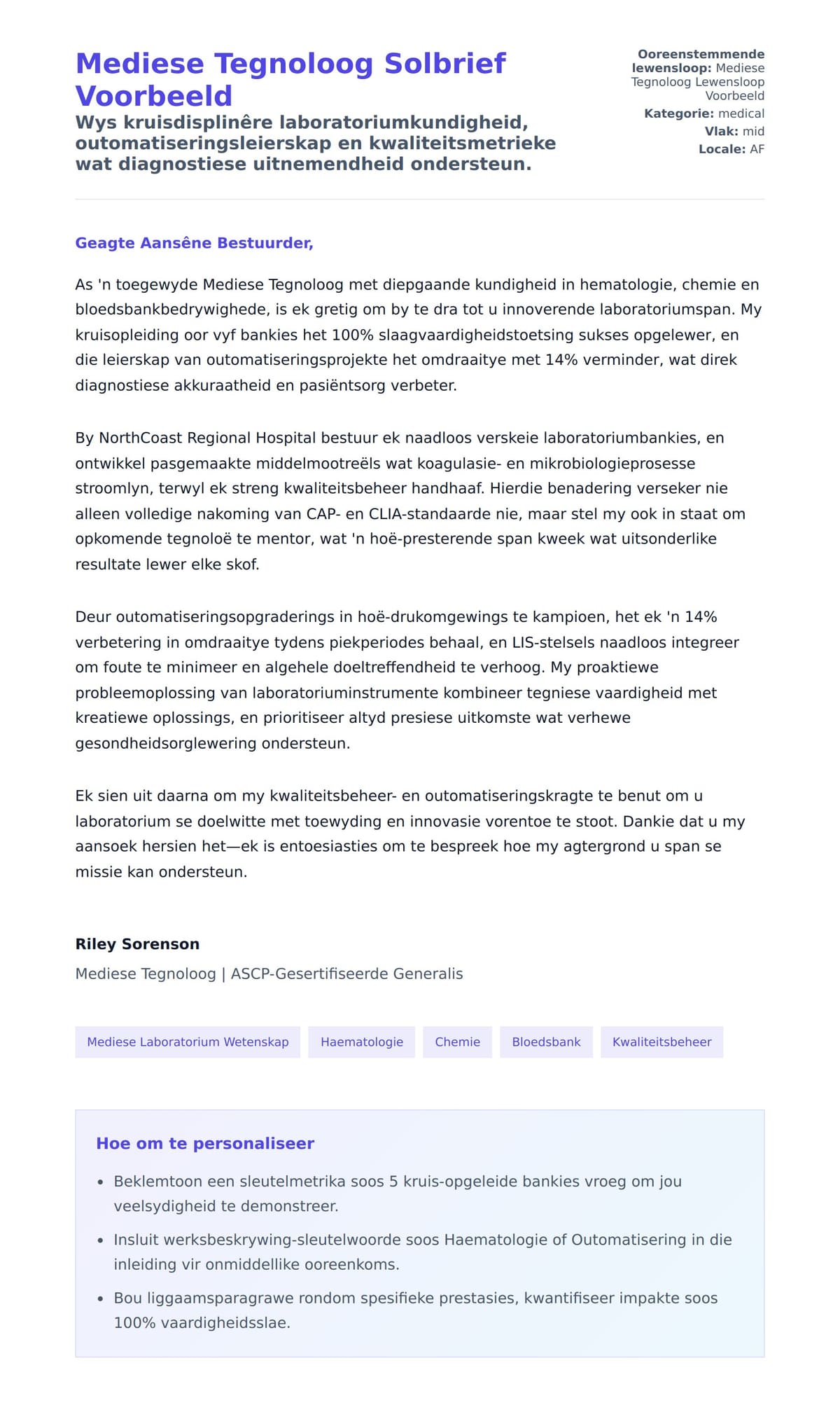 Solbrief-voorskou vir Mediese Tegnoloog Solbrief Voorbeeld