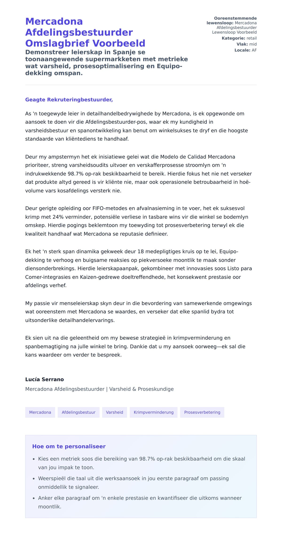 Solbrief-voorskou vir Mercadona Afdelingsbestuurder Omslagbrief Voorbeeld