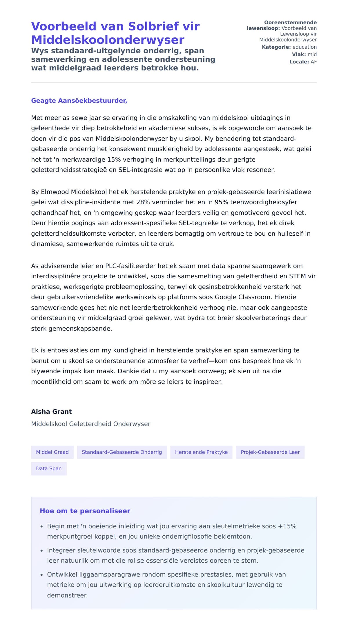 Solbrief-voorskou vir Voorbeeld van Solbrief vir Middelskoolonderwyser