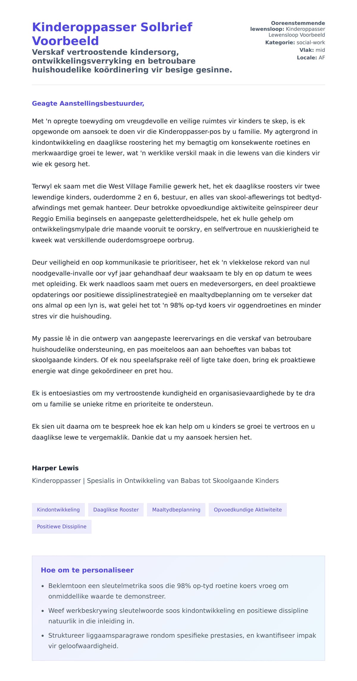 Solbrief-voorskou vir Kinderoppasser Solbrief Voorbeeld