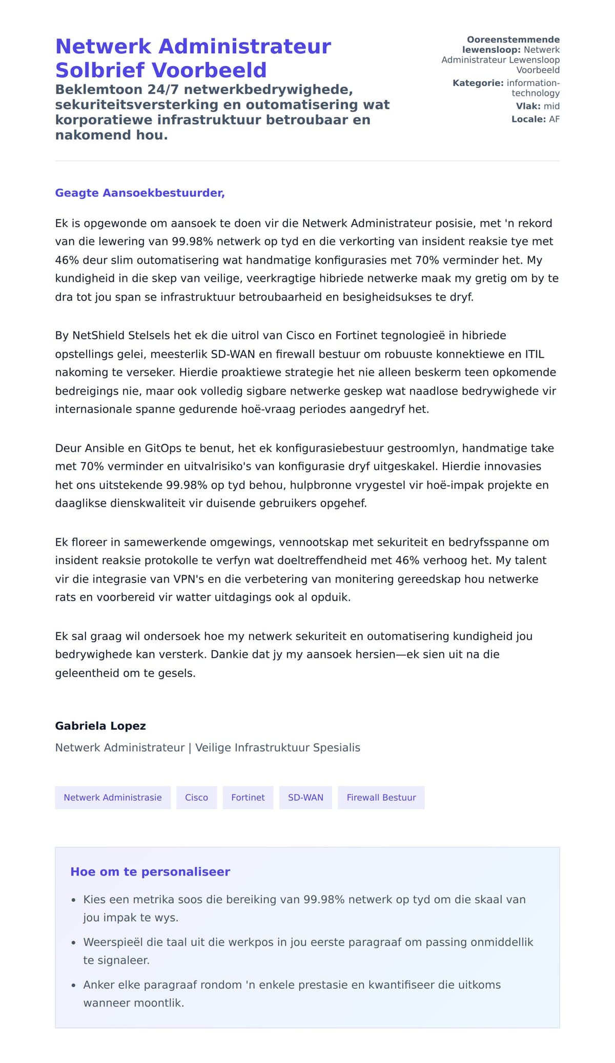 Solbrief-voorskou vir Netwerk Administrateur Solbrief Voorbeeld