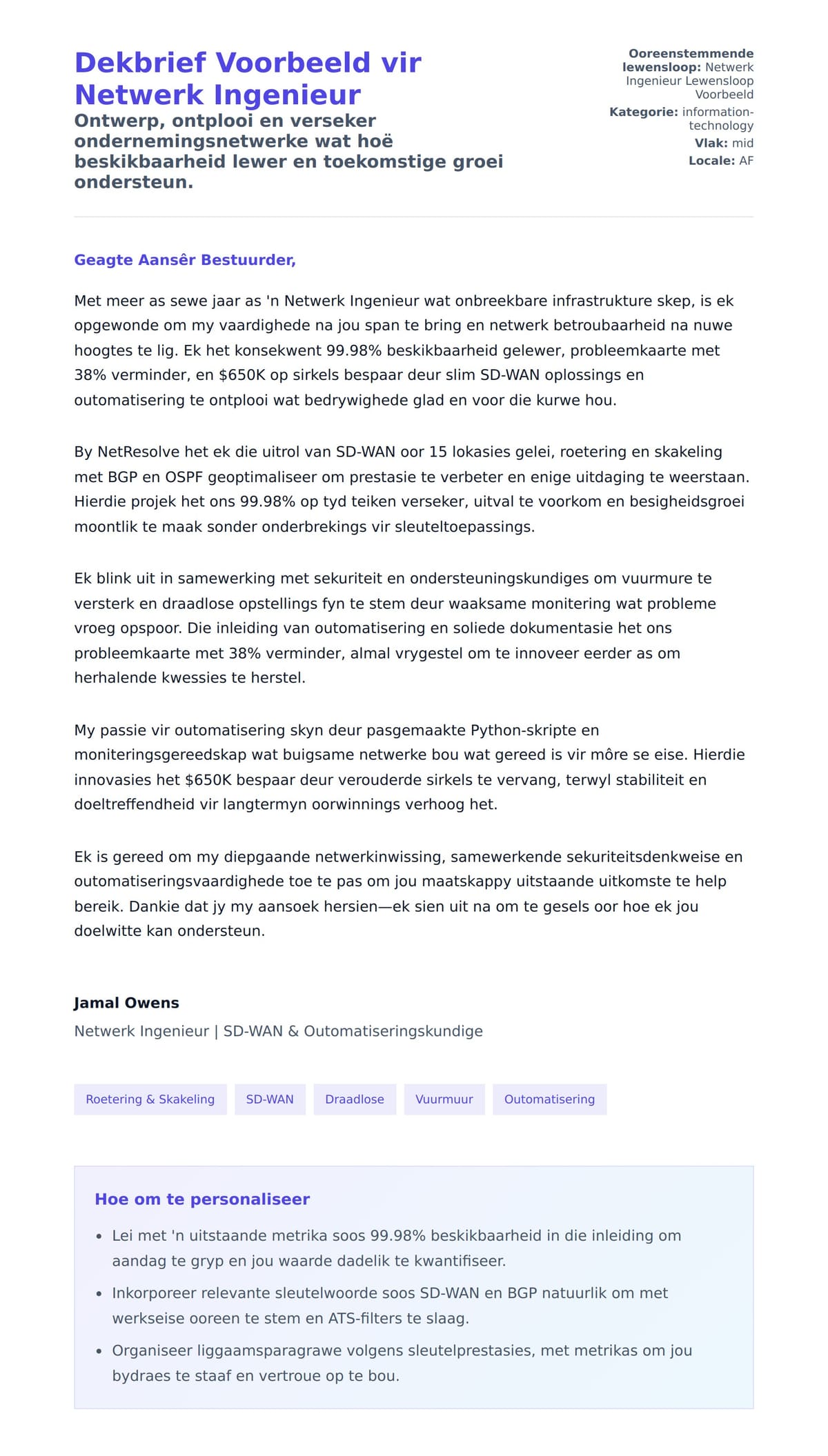 Solbrief-voorskou vir Dekbrief Voorbeeld vir Netwerk Ingenieur