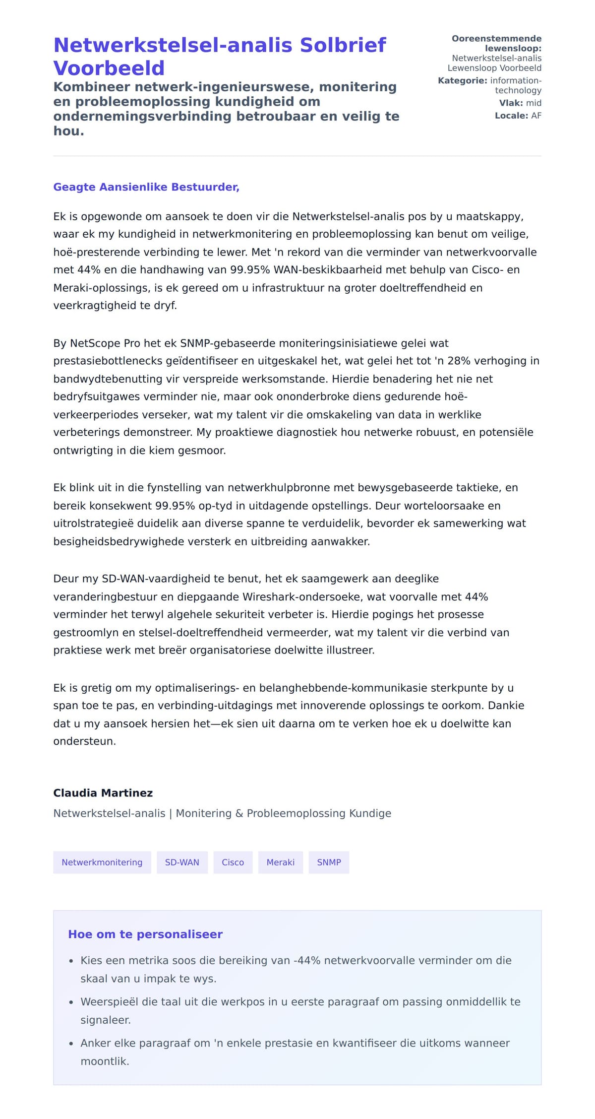 Solbrief-voorskou vir Netwerkstelsel-analis Solbrief Voorbeeld