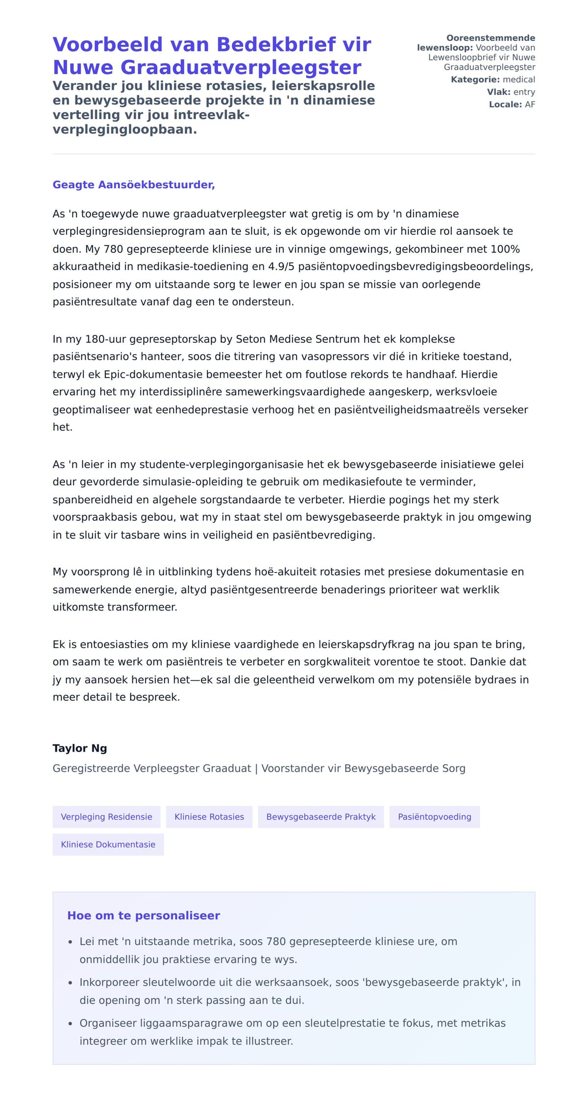 Solbrief-voorskou vir Voorbeeld van Bedekbrief vir Nuwe Graaduatverpleegster