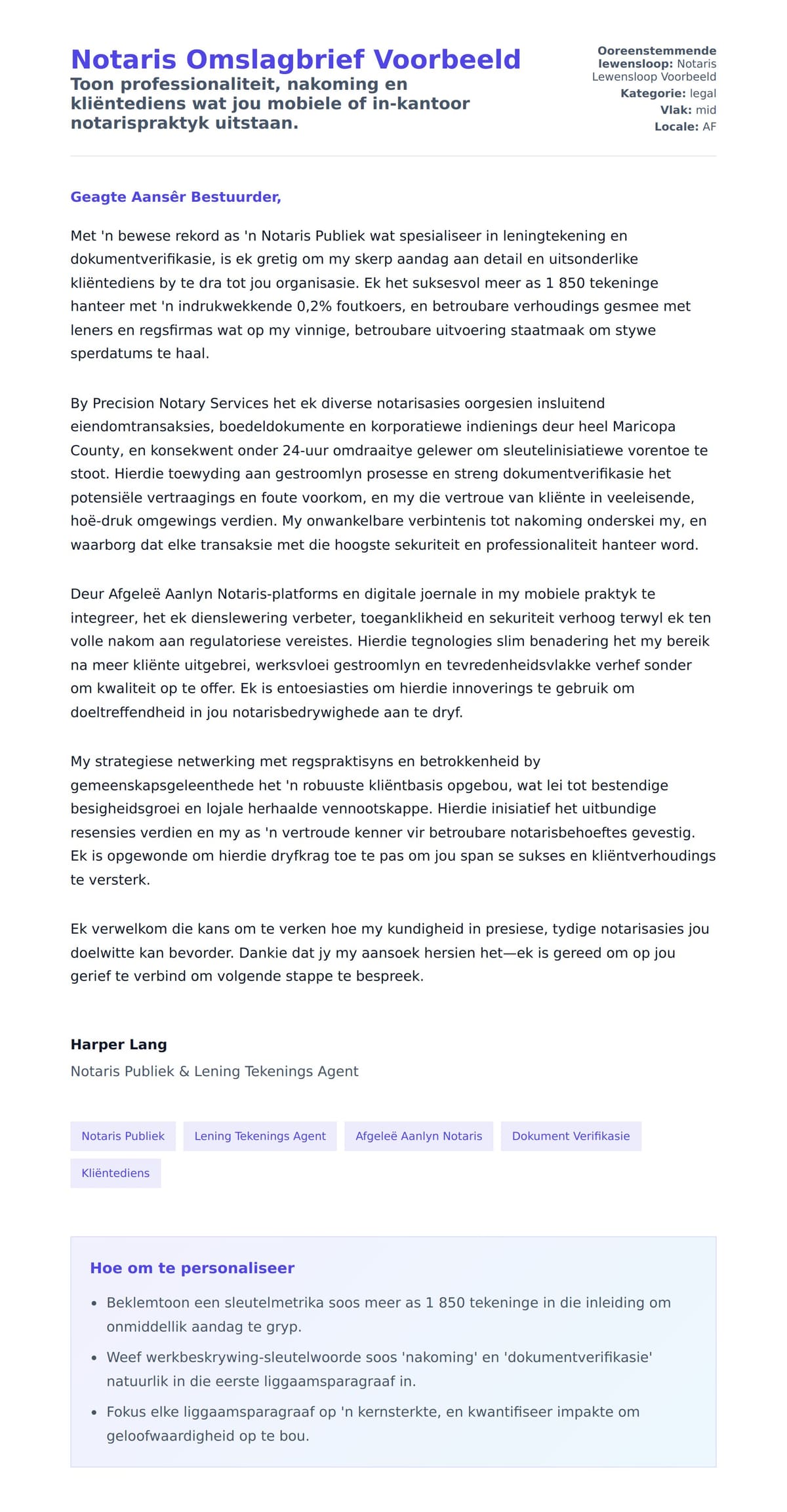 Solbrief-voorskou vir Notaris Omslagbrief Voorbeeld