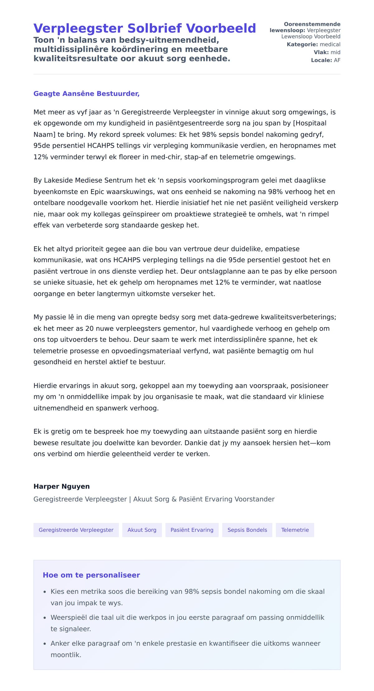 Solbrief-voorskou vir Verpleegster Solbrief Voorbeeld