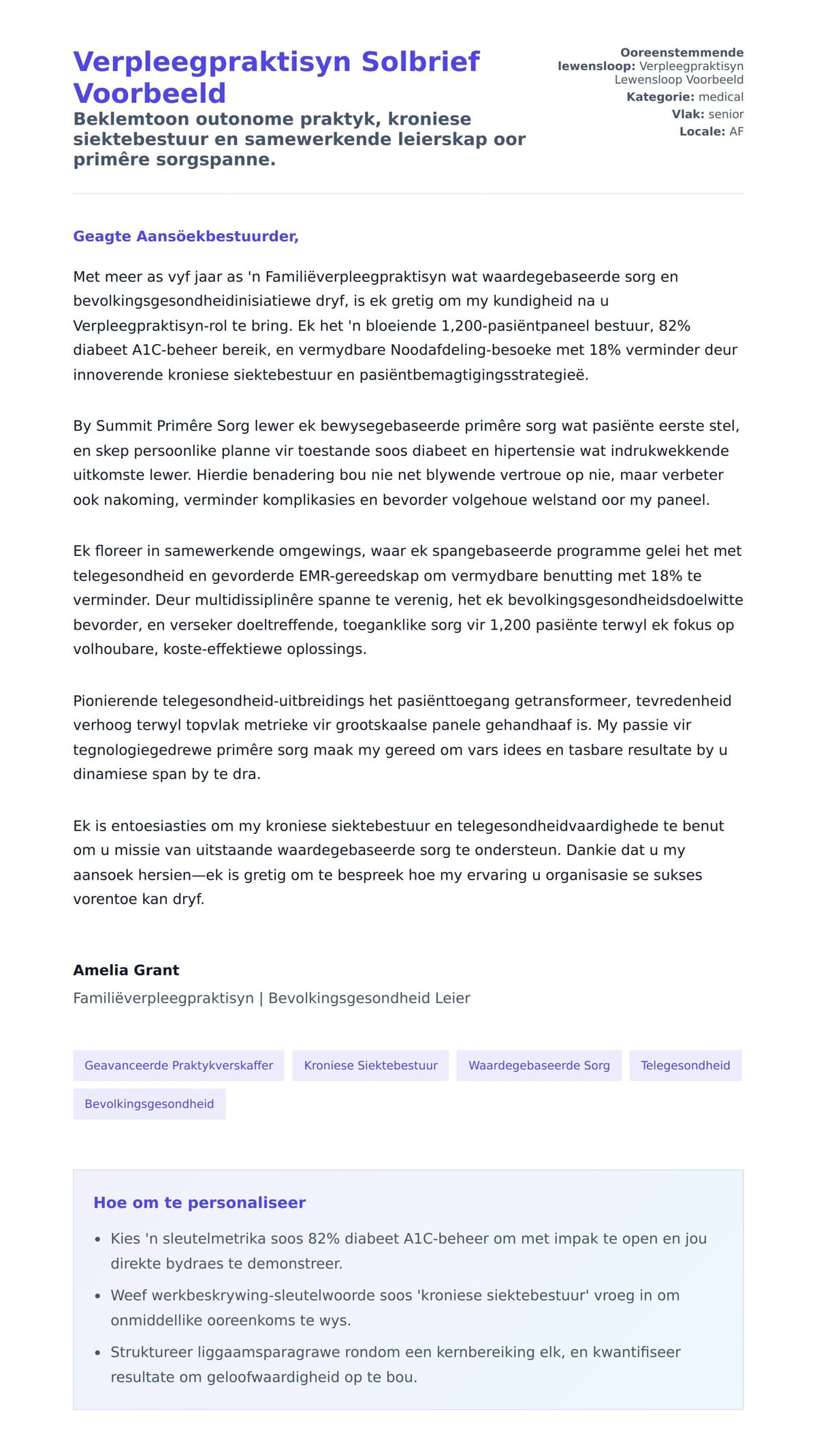 Solbrief-voorskou vir Verpleegpraktisyn Solbrief Voorbeeld